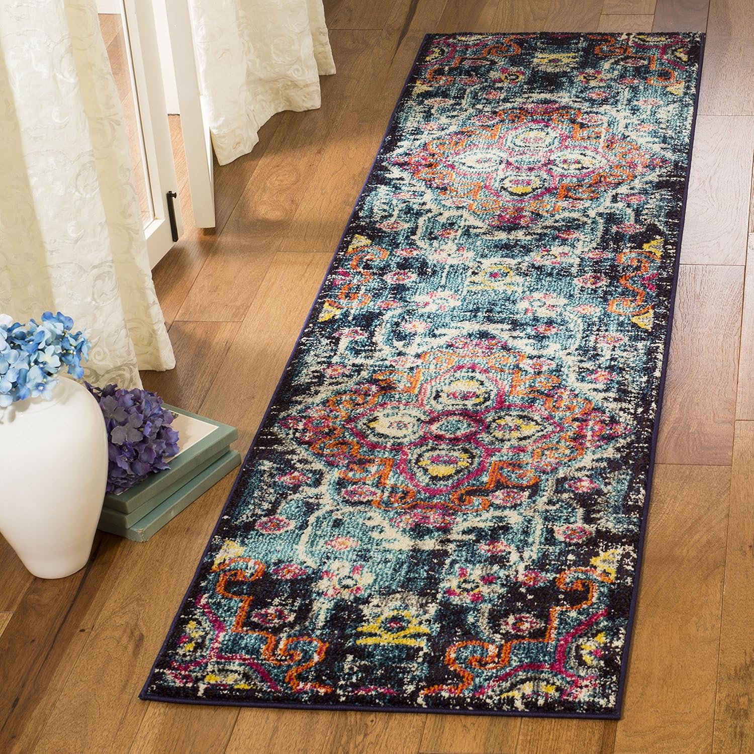SAFAVIEH Monaco Collection Area Rug - 8' x 10', Blue & Fuchsia, Boho Chic Medallion Distressed Design, Non-Shedding & Easy Care, Ideal for High Traffic Areas in Living Room, Bedroom (MNC252J)