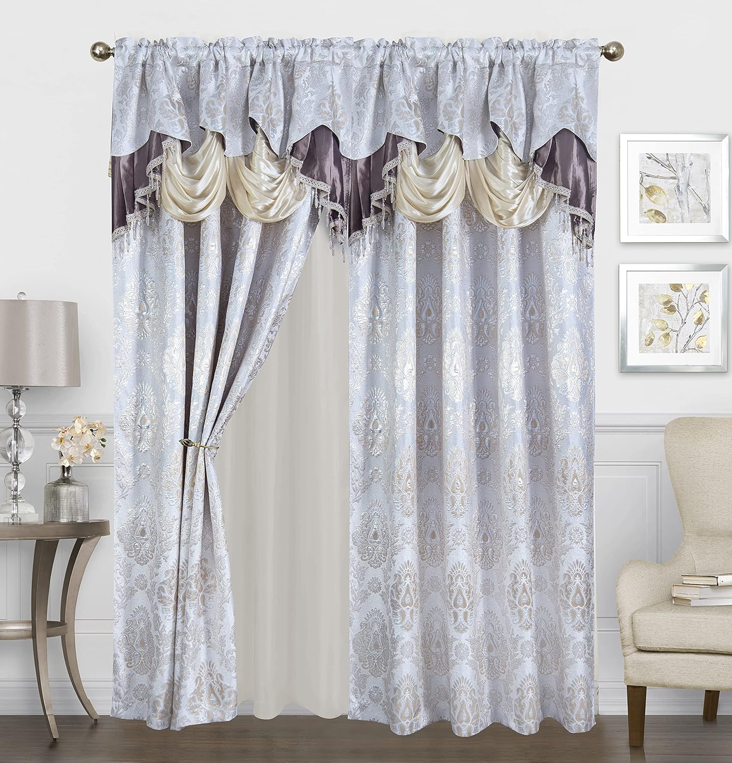 Sapphire Home Traditional Jacquard Curtain Drape Set - Attached Valance, Sheer Backing, 2 Tassels and 2 Panels - Damask Medallion Floral Drape - Living/Dining Rooms (Black, 84")