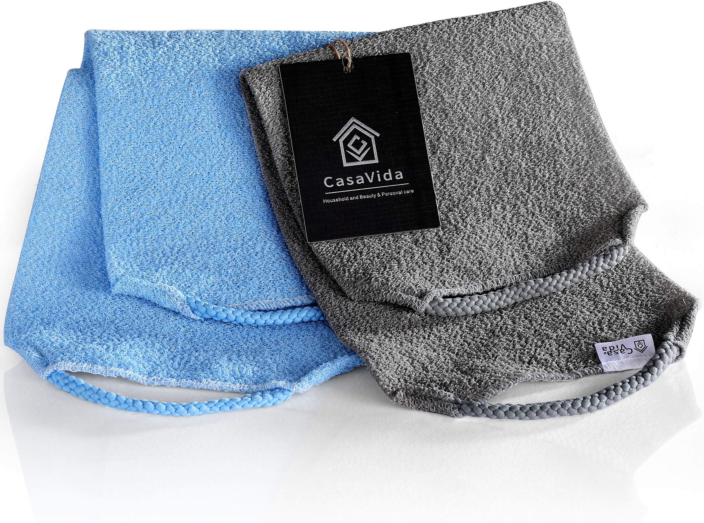 CASAVIDA Back Scrubber for Shower Nylon Bath Towel Washer Exfoliating Washcloth Rear Japanese Stretchable Strap Wash Cloth Body Exfoliation 2 Pack (Gray + Blue)