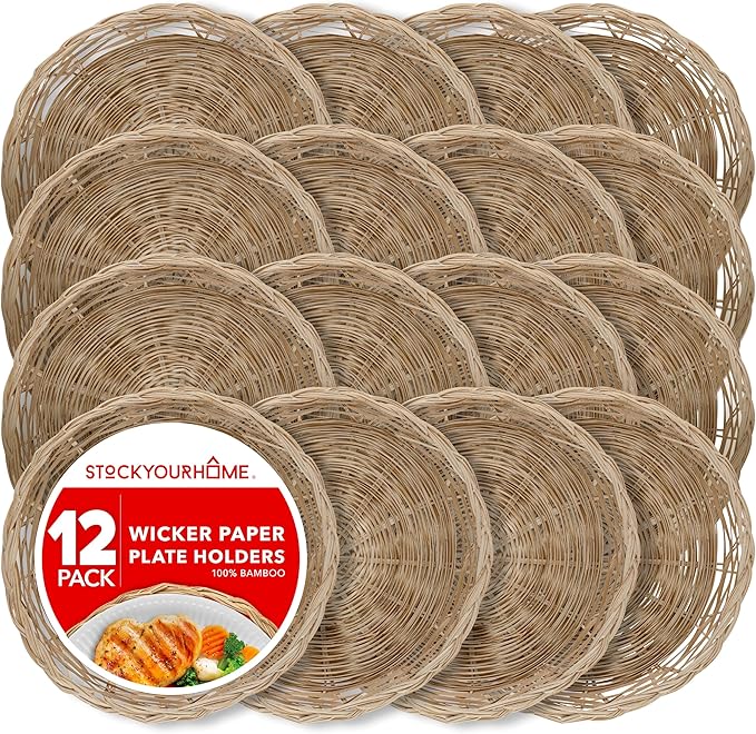 Stock Your Home 10 Inch Bamboo Wicker Plate Holders (12 Count), Heavy Duty Reusable Plate Holders, Natural