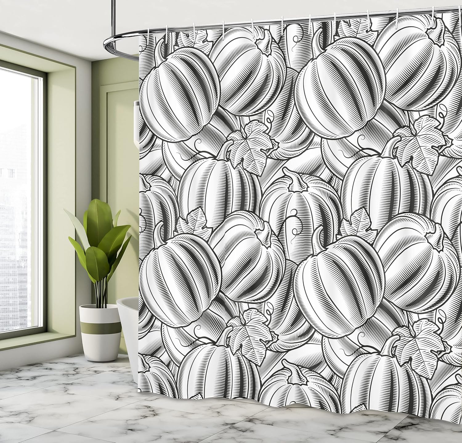 Lunarable Pumpkin Shower Curtain, Black and White Autumn Fruits Image Harvest Halloween Themed Hand Drawn Artwork, Cloth Fabric Bathroom Decor Set with Hooks, 69" W x 75" L, Black White