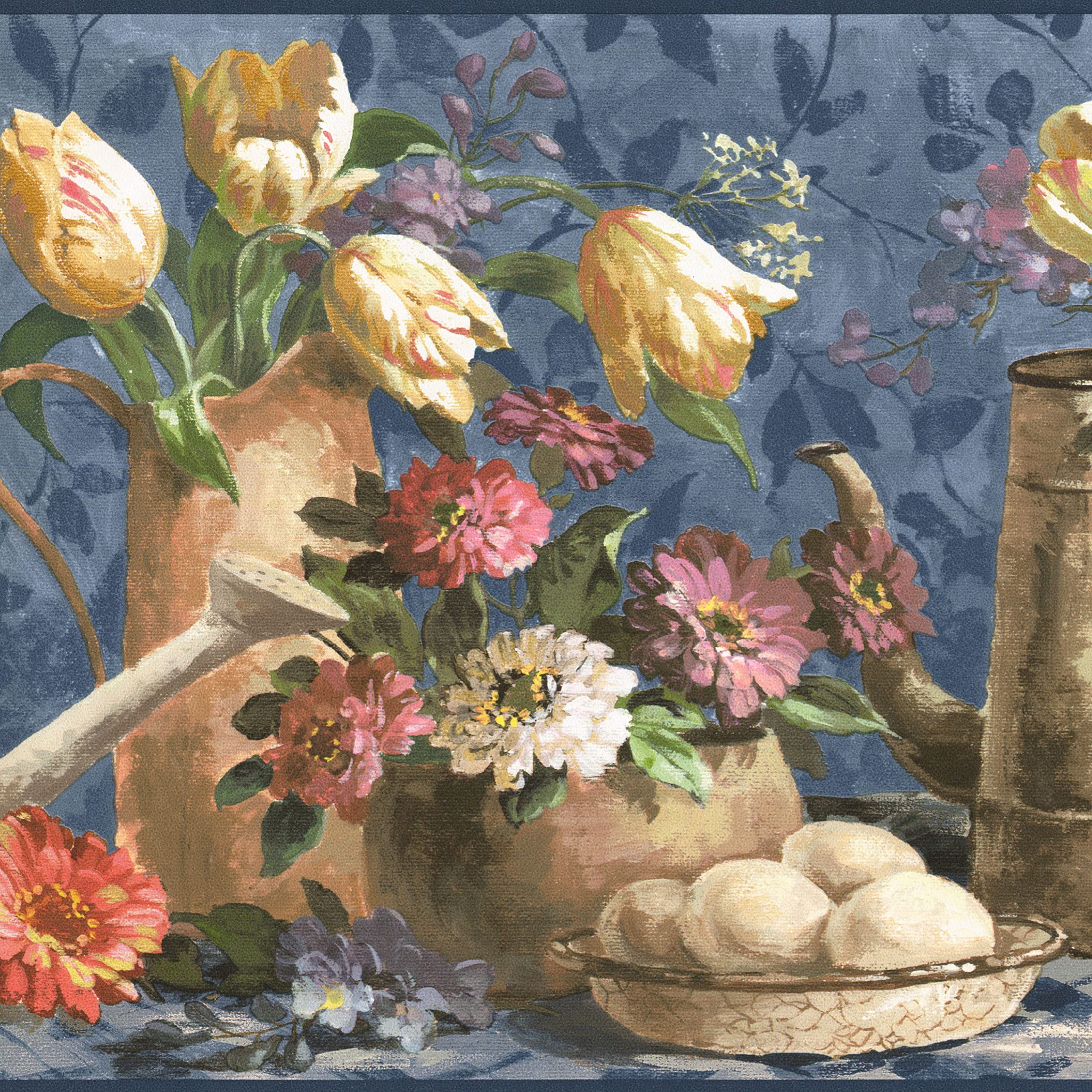 Concord Wallcoverings Floral Wallpaper Border – Leaf Art Pattern, Yellow/Blue/Green, Prepasted, 15 Ft X 7 In, Cottage Style