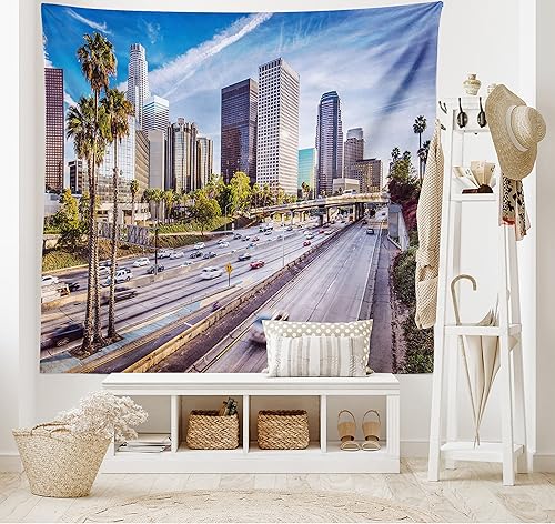 Miniatura 2 de Ambesonne Tapiz de viaje, paisaje urbano del centro de Los Ángeles, California, Estados Unidos, Avenue Buildings Palms, impresión de palmeras,