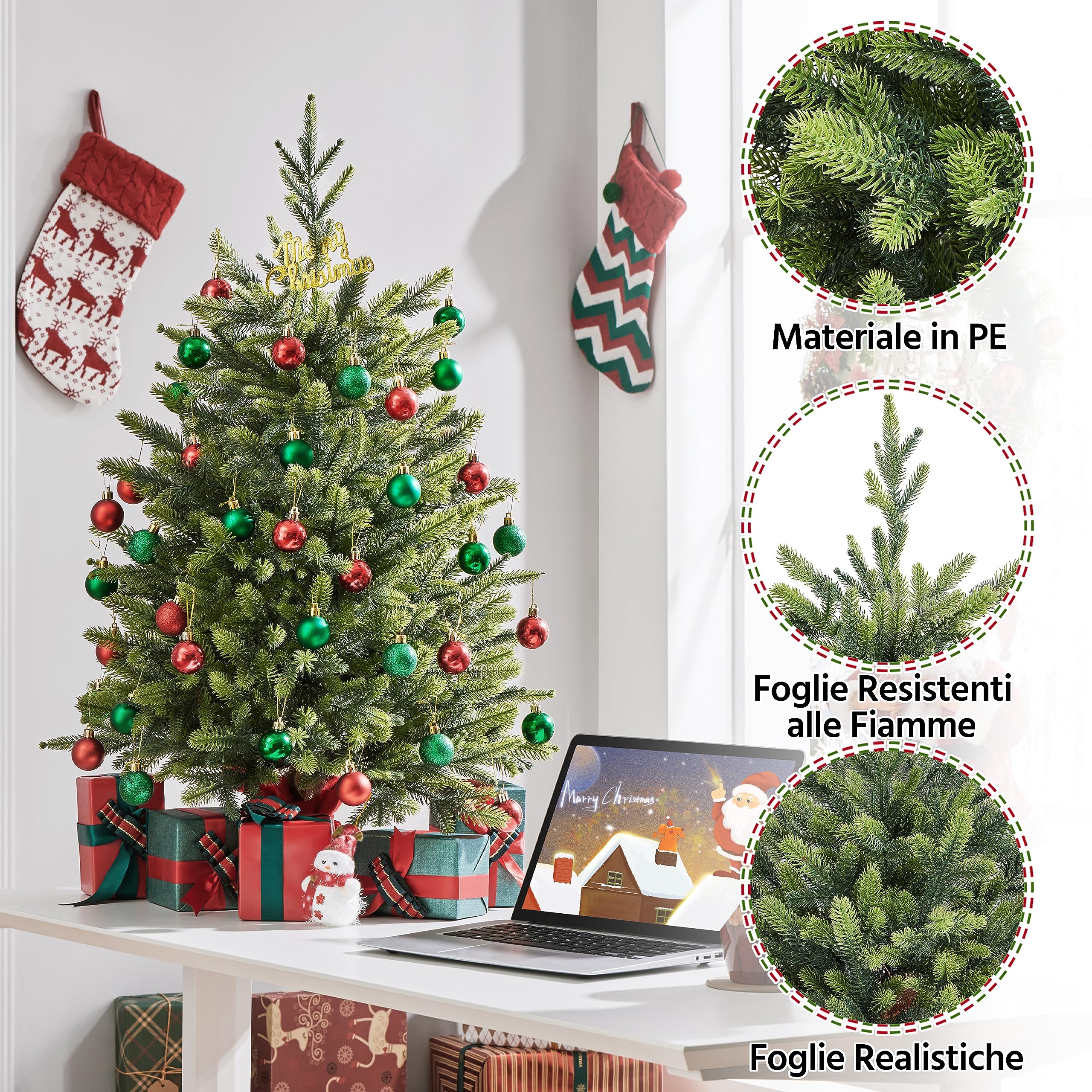 Yaheetech Mini Albero di Natale Artificiale Piccolo da Tavolo con Base Portatile in Miniatura Realistico Ornamenti per Casa Ufficio Interno (Verde, 91 cm)