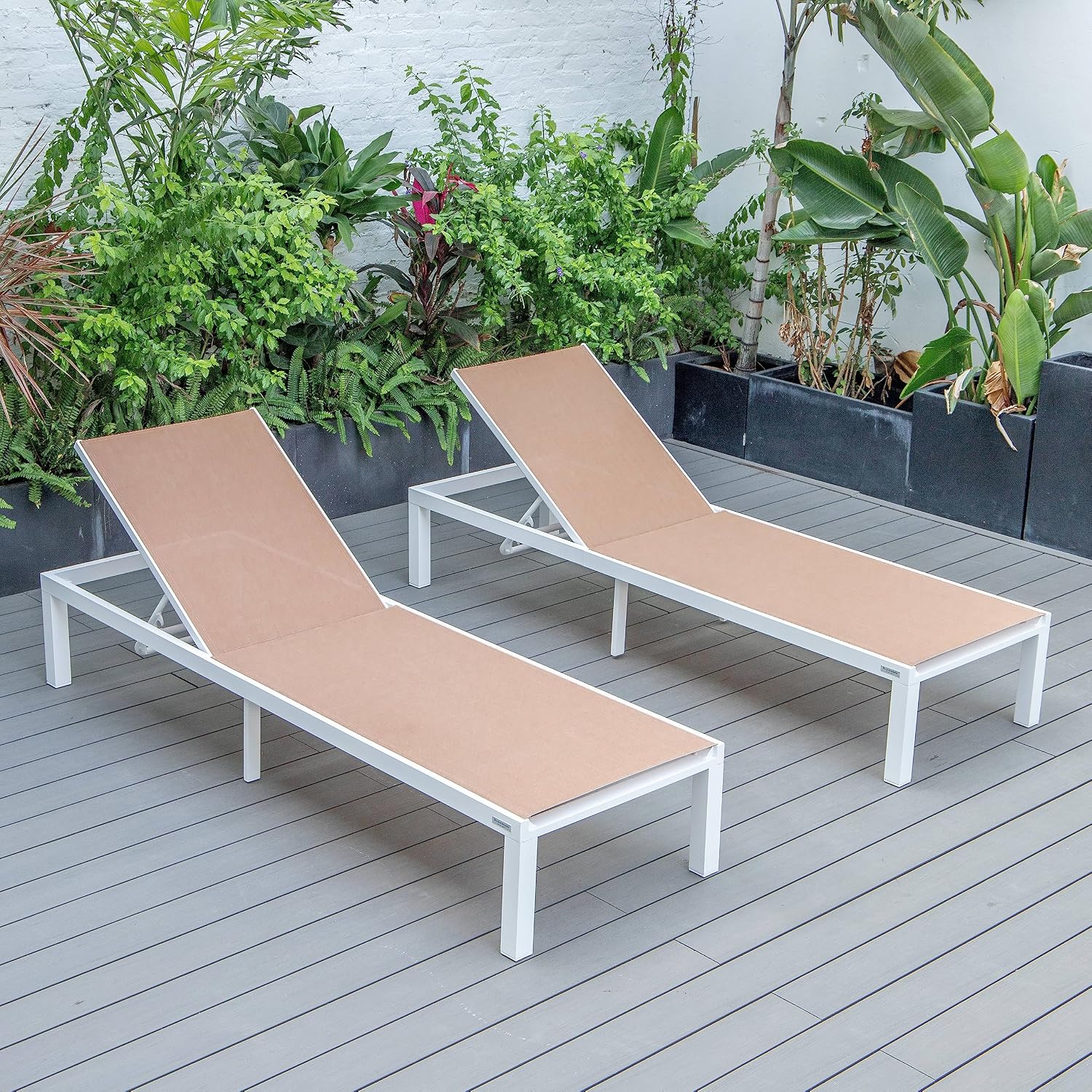 LeisureMod Marlin Aluminum Outdoor Chaise Lounge Chair (Set of 2) - Mesh Sling Fabric Seat White Aluminum Frame Beach, Pool Lounge Chair for Modern Patio Lawn, Garden and Backyard (Dark Grey)