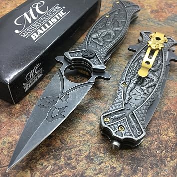 Masters Collection Folder Dark Stone Wash Stainless Sculpted Ninja Art Handle with Pocket Clip & Glass breaker, 4.5"