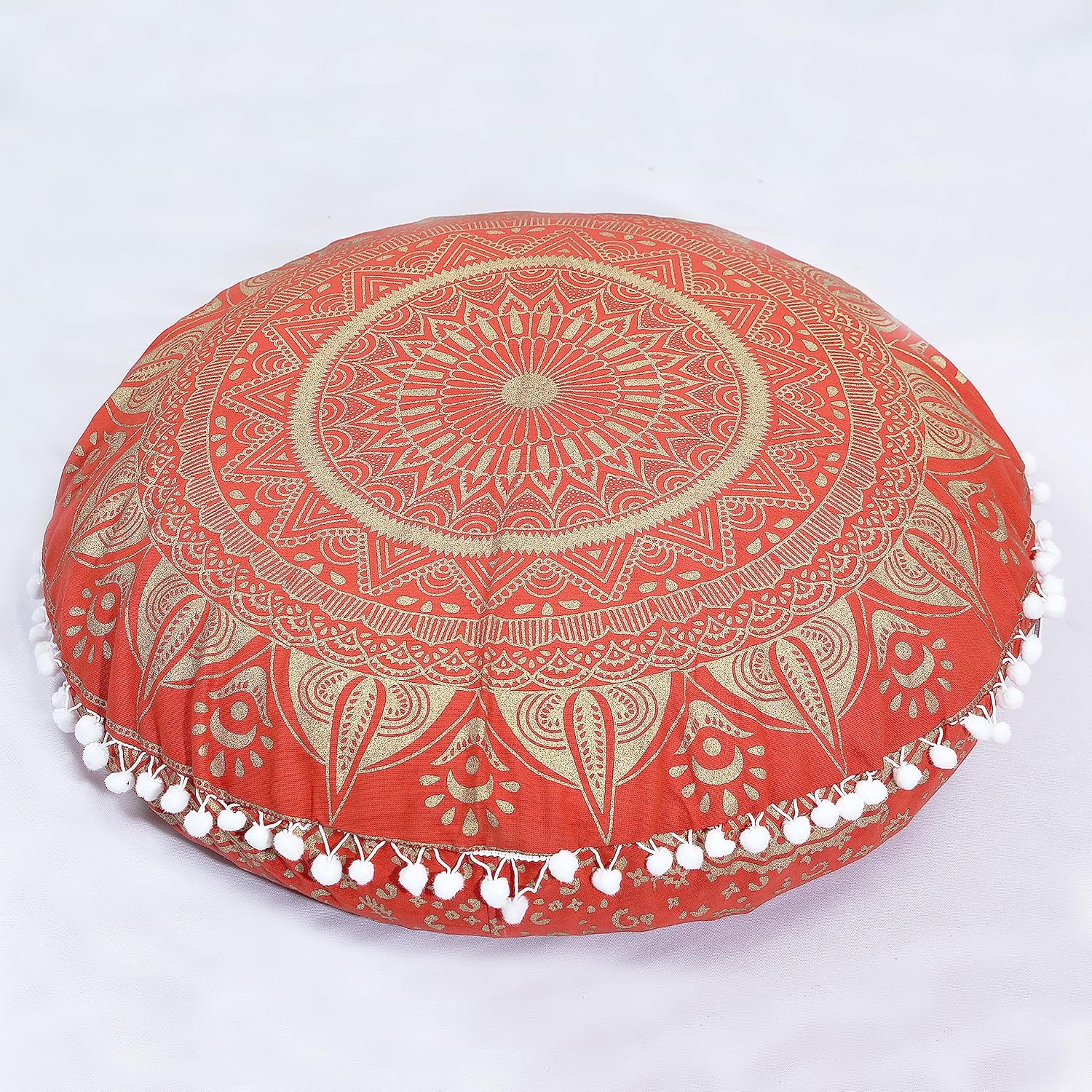 32" Mandala Large Red Floor Pillow Cover with Pom Pom Meditation Cushion Seating