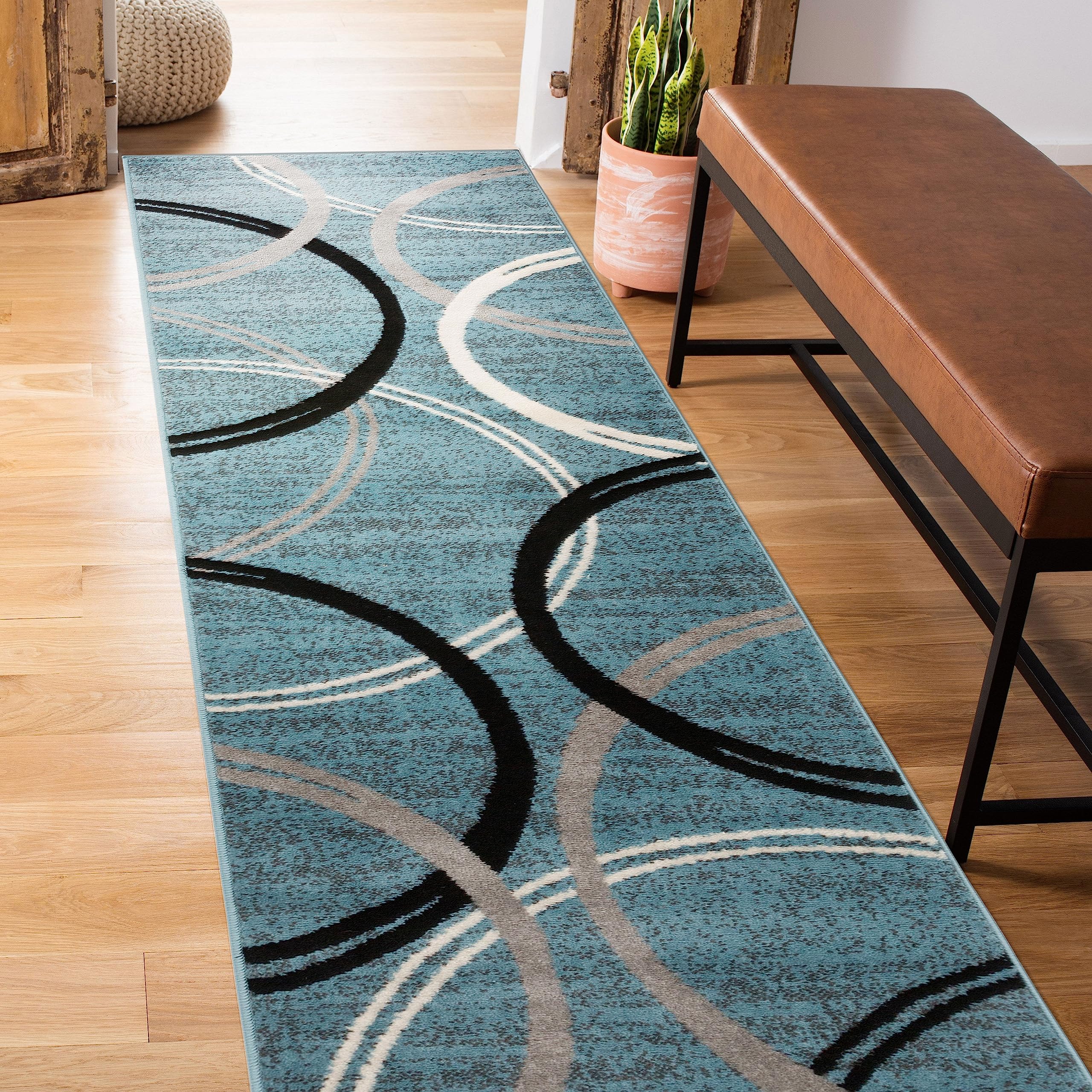 Rugshop modern wavy circles design runner rug 2 x 10 blue