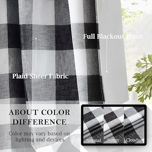 Miniatura 2 de Buffalo - Cortinas opacas para ventana de 84 pulgadas de largo, paneles con ojales a cuadros, cortinas de lino texturizado de eficiencia energética,