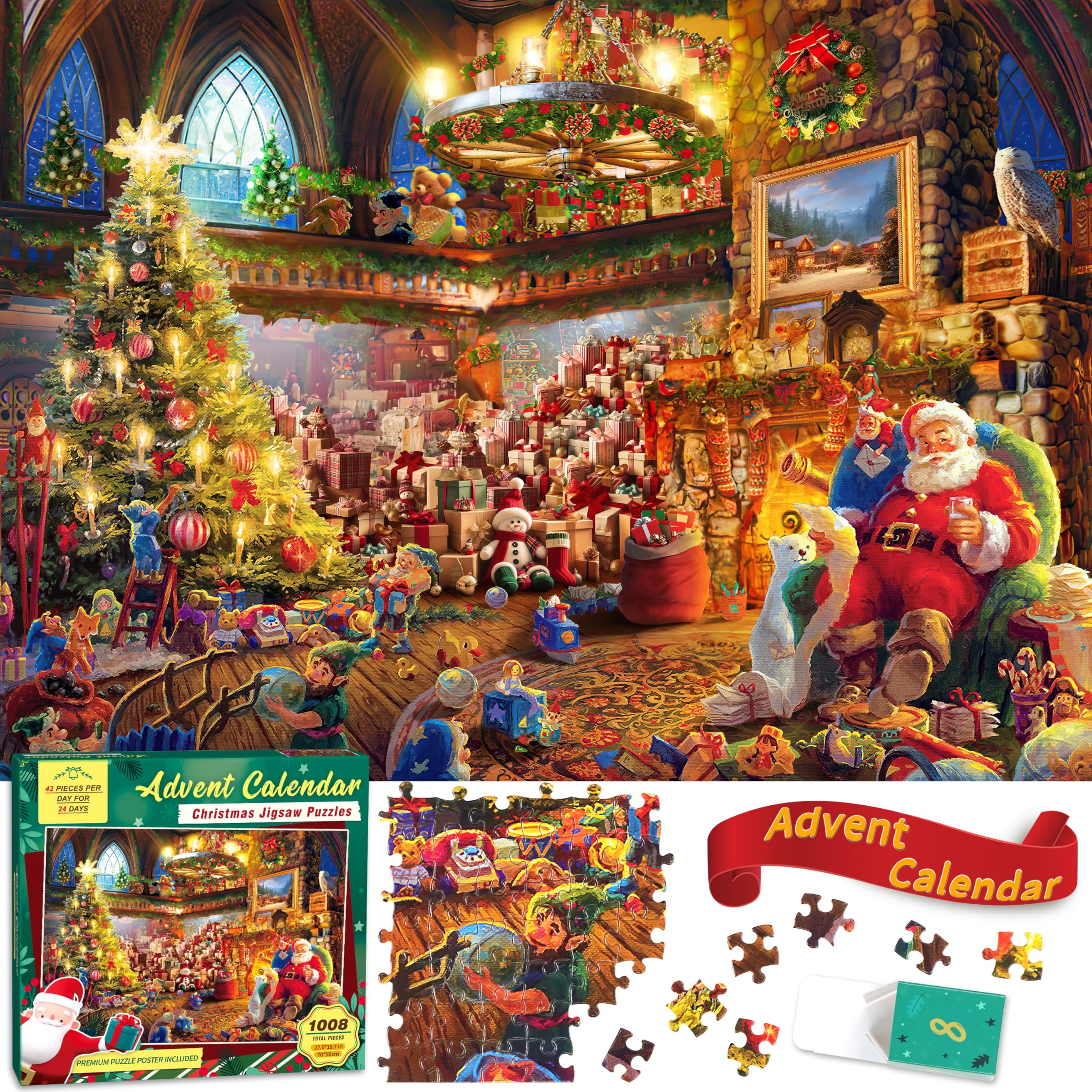 Advent Calendar 2024 Christmas Puzzle - Santa's Workshop, 1008 Pieces 24 Days of Christmas Countdown Advent Calendar Puzzle, Christmas Decor Ideas Jigsaw Puzzles for Adults Kids
