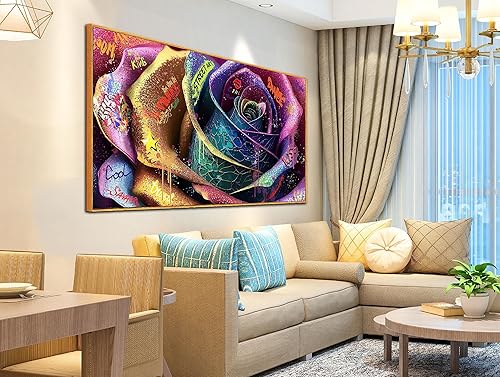 Arte de pared grande enmarcado Decoración de pared colorida para dormitorio Arte de pared de rosas para sala de estar, póster de graffiti listo