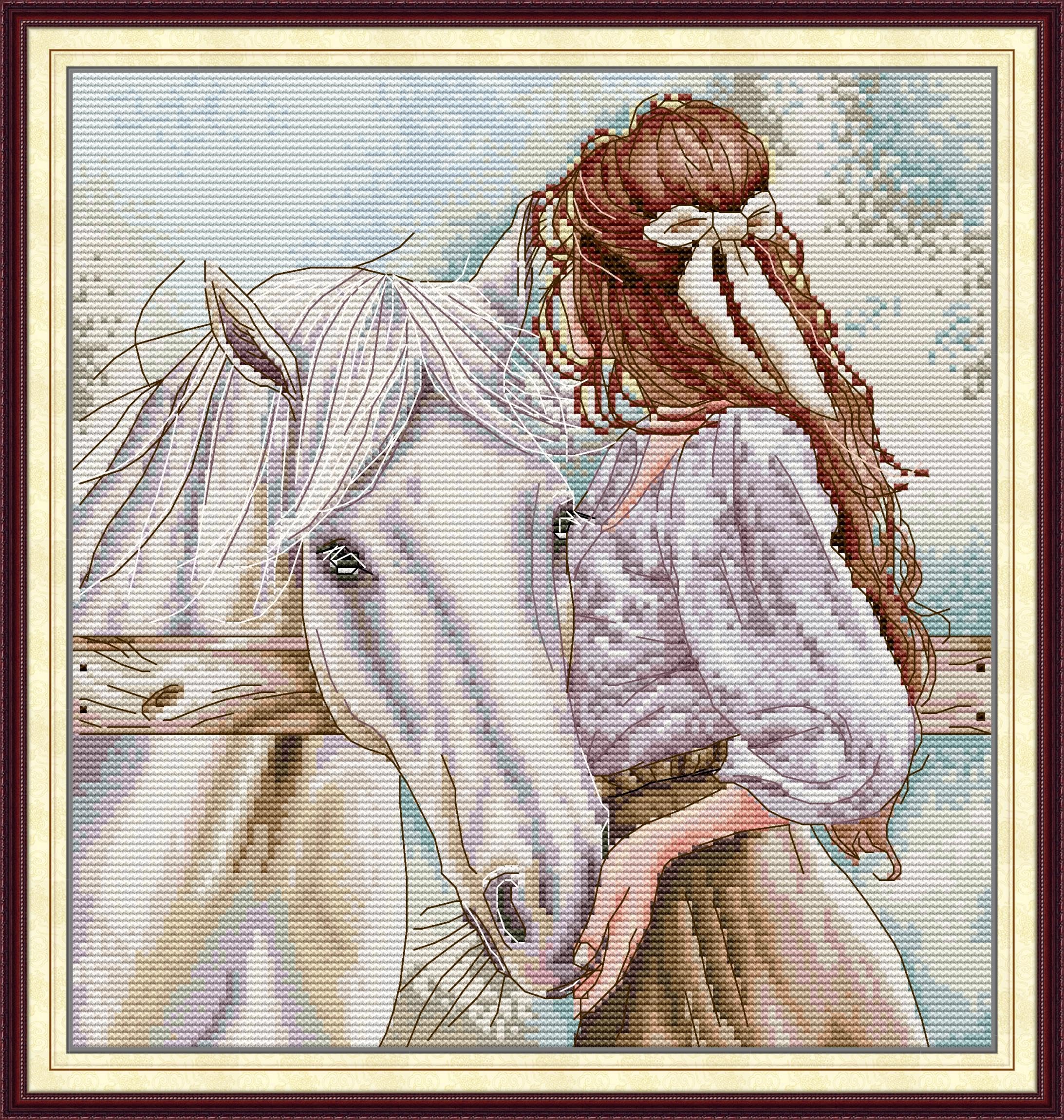 Threadhaven Cross-Stitch Kit 14CT Aida Counted Embroidery Complete Set with Fabric, Threads, Needles & Chart-Premium Beautiful Girls Design for Adults & Beginners- Girl with a Horse 12.2''×13''