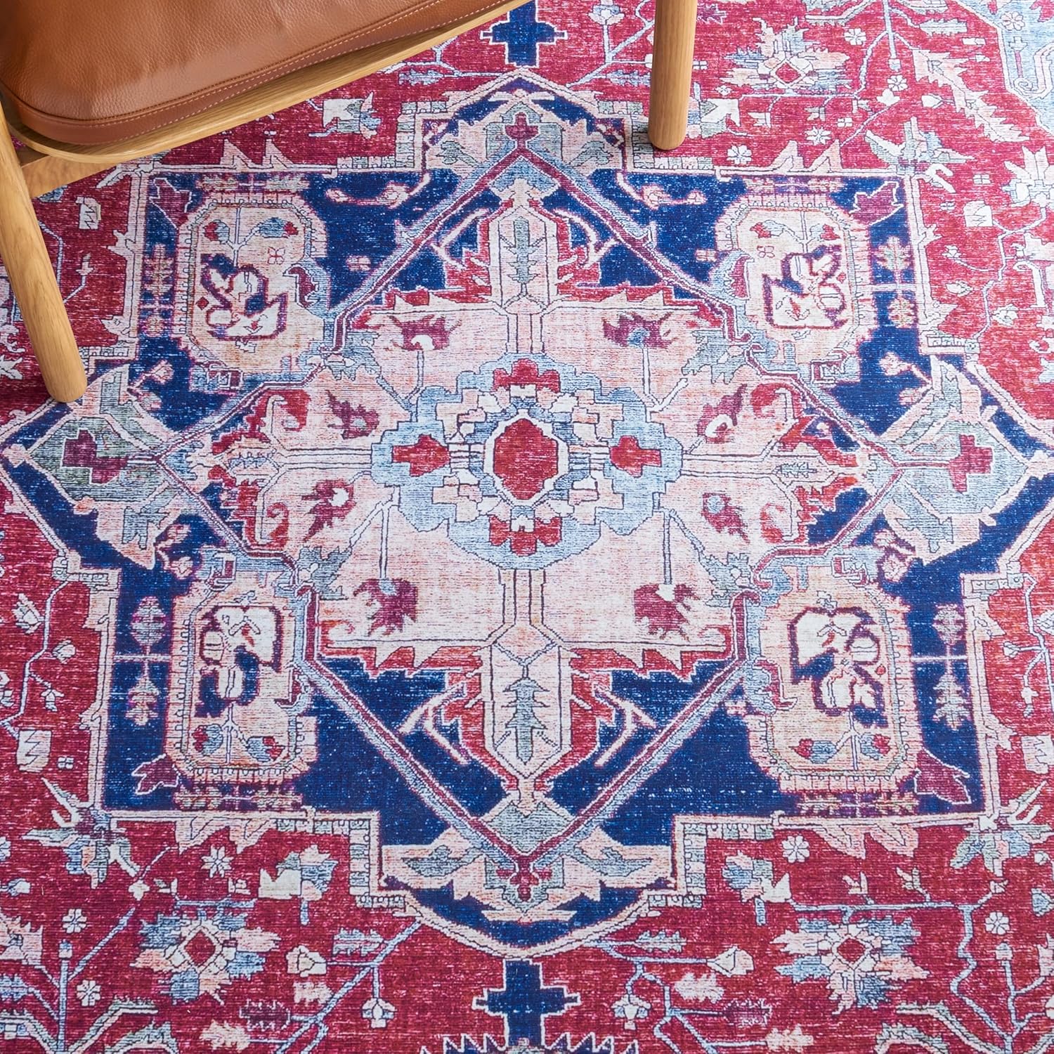 SAFAVIEH Washable Rug Tucson Collection - 2'6" x 14' Runner, Red & Navy, Slip Resistant & Easy to Clean, Ideal for Living Room, Hallway, Foyer, Entryway, Bedroom (TSN108Q)