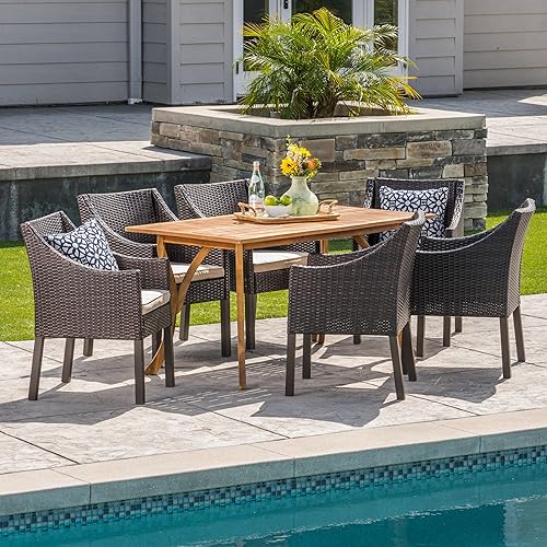 ABEL |Outdoor 7-Piece Acacia Wood/Wicker Dining Set Finish, Teak/Multibrown/Beige Cushions