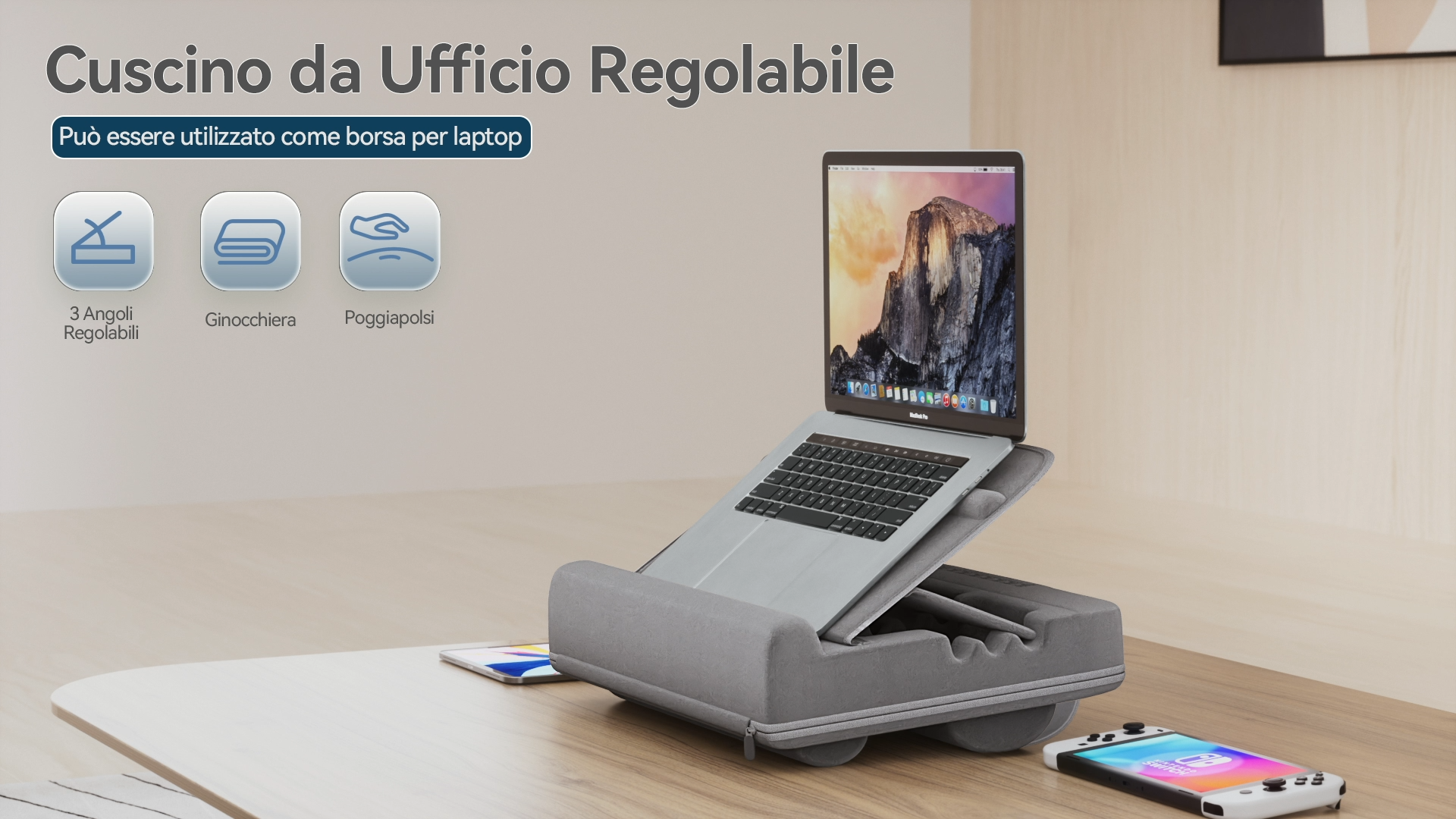 Cuscino Per Laptop Regolabile - Supporto Per PC Fino A 16", Con Poggiapolsi E Ventilazione