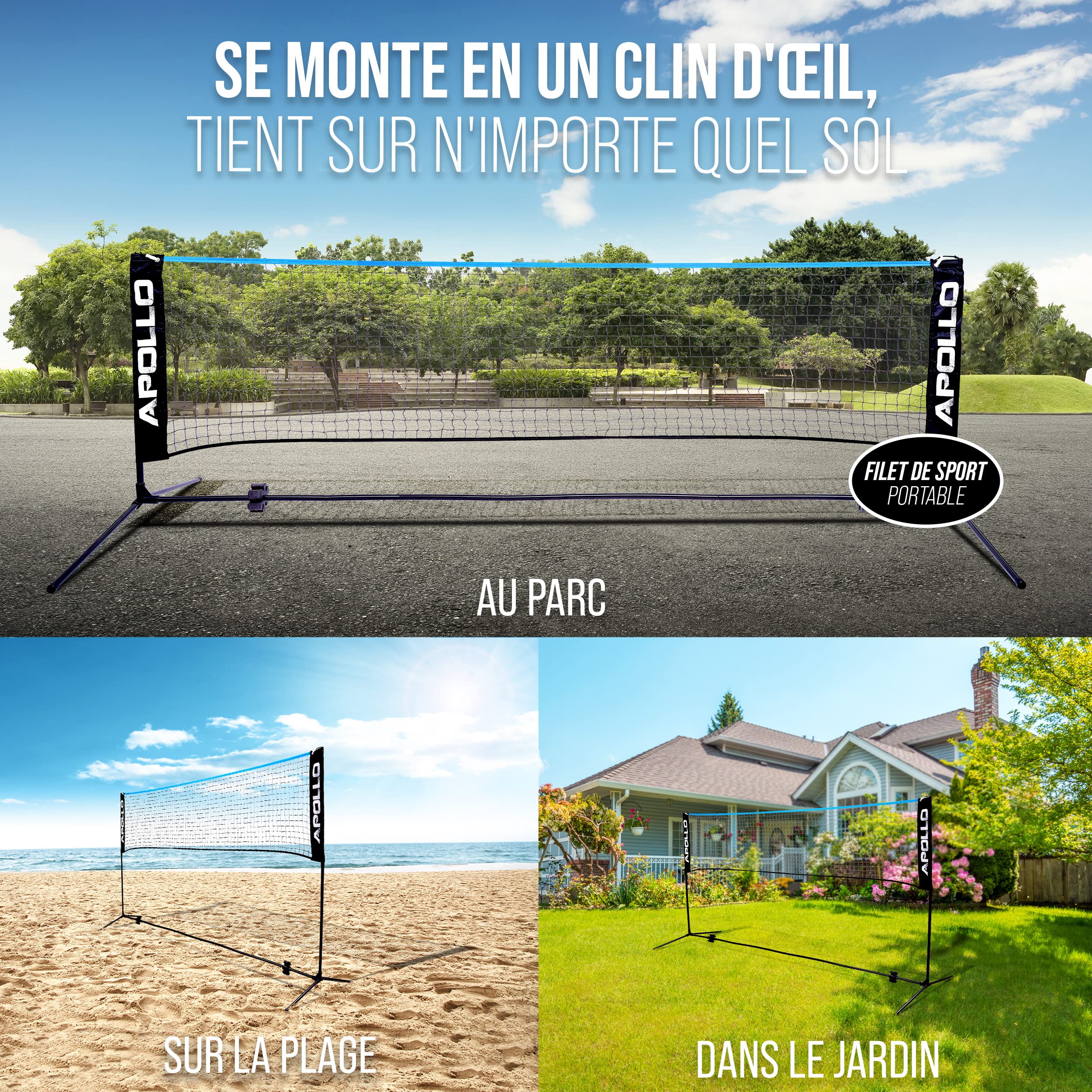 Apollo Filet Badminton | Filet de Volley Ball | 300cm | 400cm | 500 cm | Filet de Badminton Réglable, Set avec Filet de Sport, 3 Volants, Support en Acier, Sac de Transport, Intérieur et Extérieur