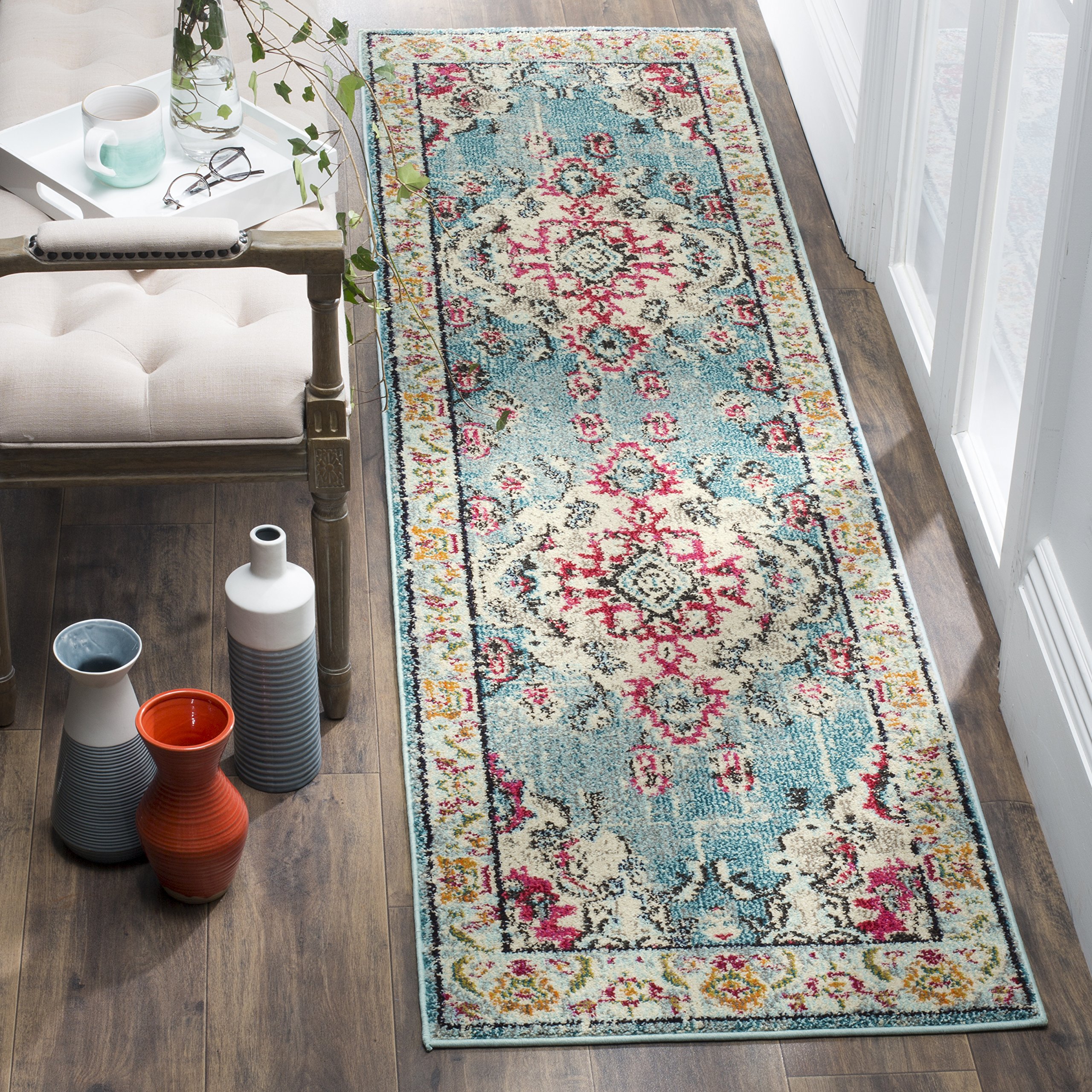 SAFAVIEH Monaco Collection Runner Rug - 2'2" x 22', Light Blue & Fuchsia, Medallion Distressed Design, Non-Shedding & Easy Care, Ideal for High Traffic Areas in Living Room, Bedroom (MNC243J)