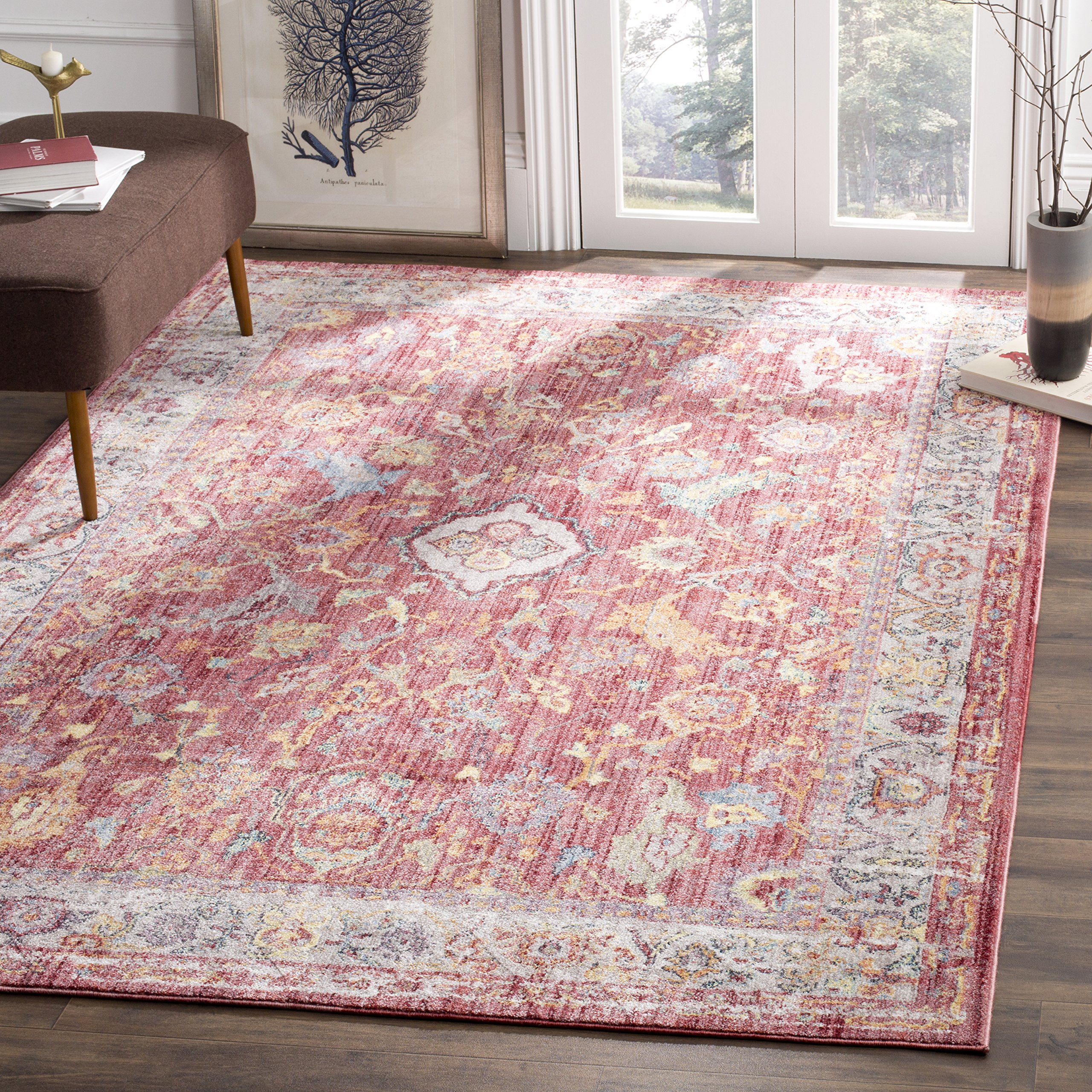 SafaviehBristol Collection Area Rug - 9' x 12', Rose & Light Grey, Boho Chic Oriental Distressed Design, Non-Shedding & Easy Care, Ideal for High Traffic Areas in Living Room, Bedroom (BTL361R)
