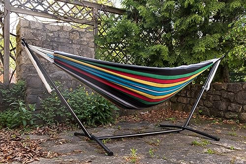 Miniatura 7 de Vivere - Hamaca doble de algodón con soporte de acero que ahorra espacio, cuerdas de poliéster mejoradas de 450 libras de capacidad - Incluye bolsa