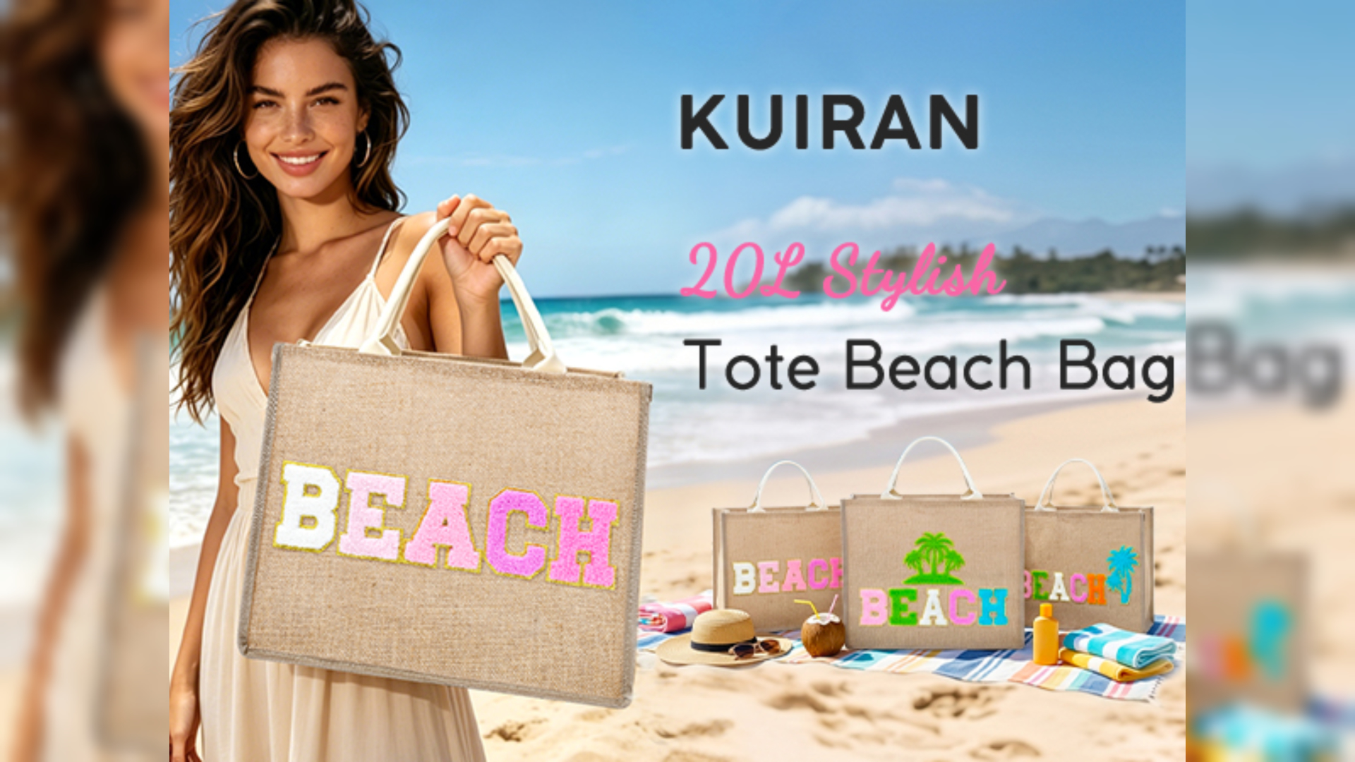 Bolso playero grande para mujer de paja tejida con parches de chenilla miniatura 7