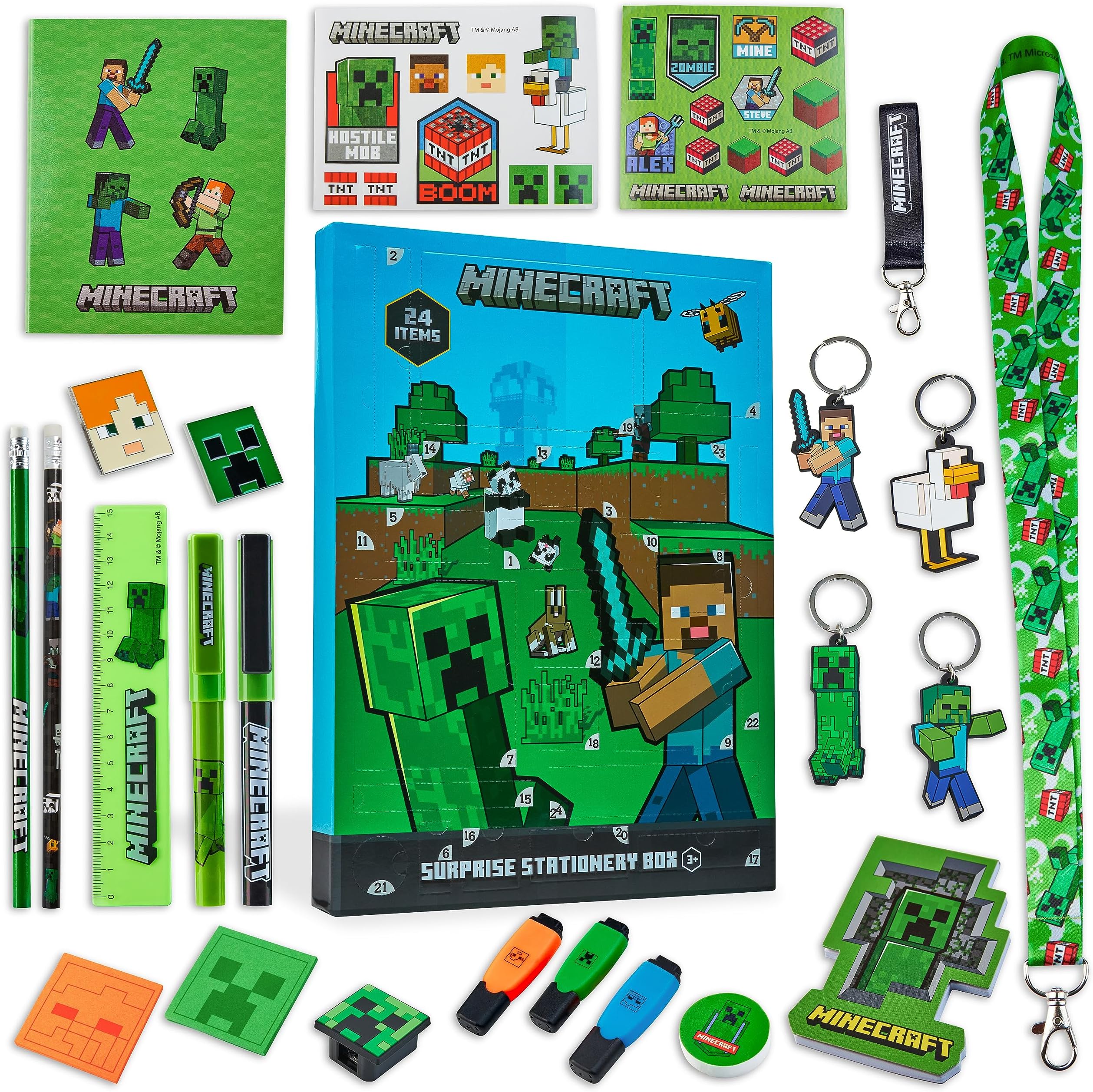 Minecraft アドベントカレンダー 2023年 子供とティーンエイジャー向け 文房具 ノート ステッカー バッジ アドベントカレンダー 子供用 (グリーン)