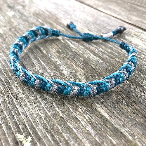 Miniatura 2 de Woven Braided Fishtail Rope Bracelet in Teal, Aqua and Metallic Silver Cord with Hematite Stones - Handmade Drawstring Size Adjustable Waterproof