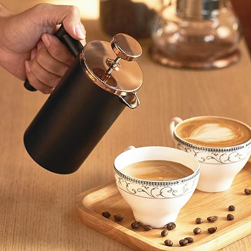 Miniatura 5 de Meelio Cafetera de prensa francesa negra de 12 onzas, prensa de café aislada de doble pared de acero inoxidable con tapa de metal oro rosa, incluye