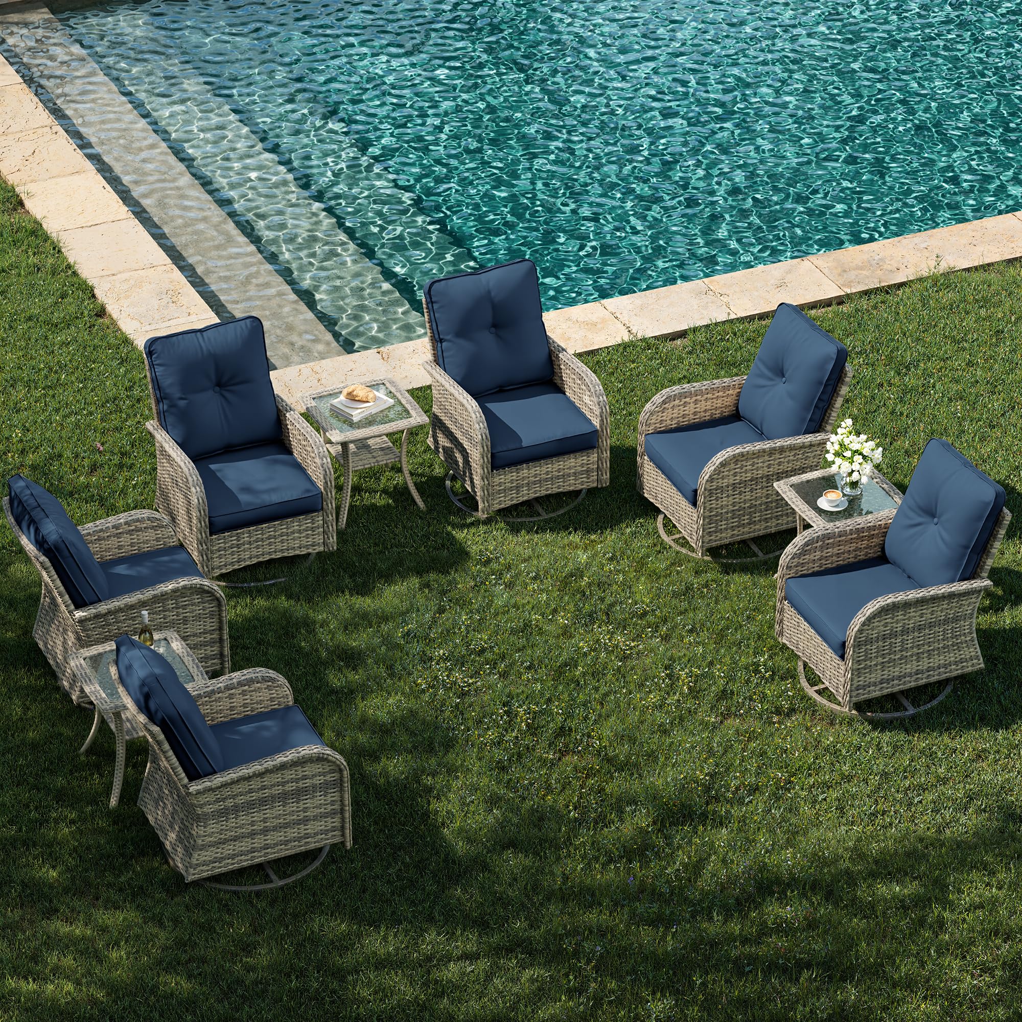 Muphyers 9-Piece Patio Rocking Swivel Chair Outdoor Wicker Rattan Bistro Set with Tempered Glass Side Table, Outdoor Patio Furniture Set for Garden,