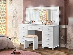 penteadeira lx camarim 9 gavetas branco com led e espelho com banqueta