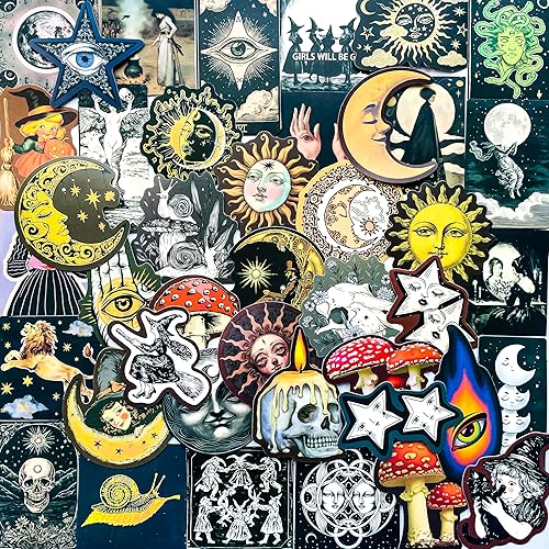 50-Piece Medieval Cryptid Celestial Witch Sticker – Vintage Astrology Witchy Stuff Decals for Laptops, Water Bottles, Journals, Witchcraft Party Favors - Celestial Witch