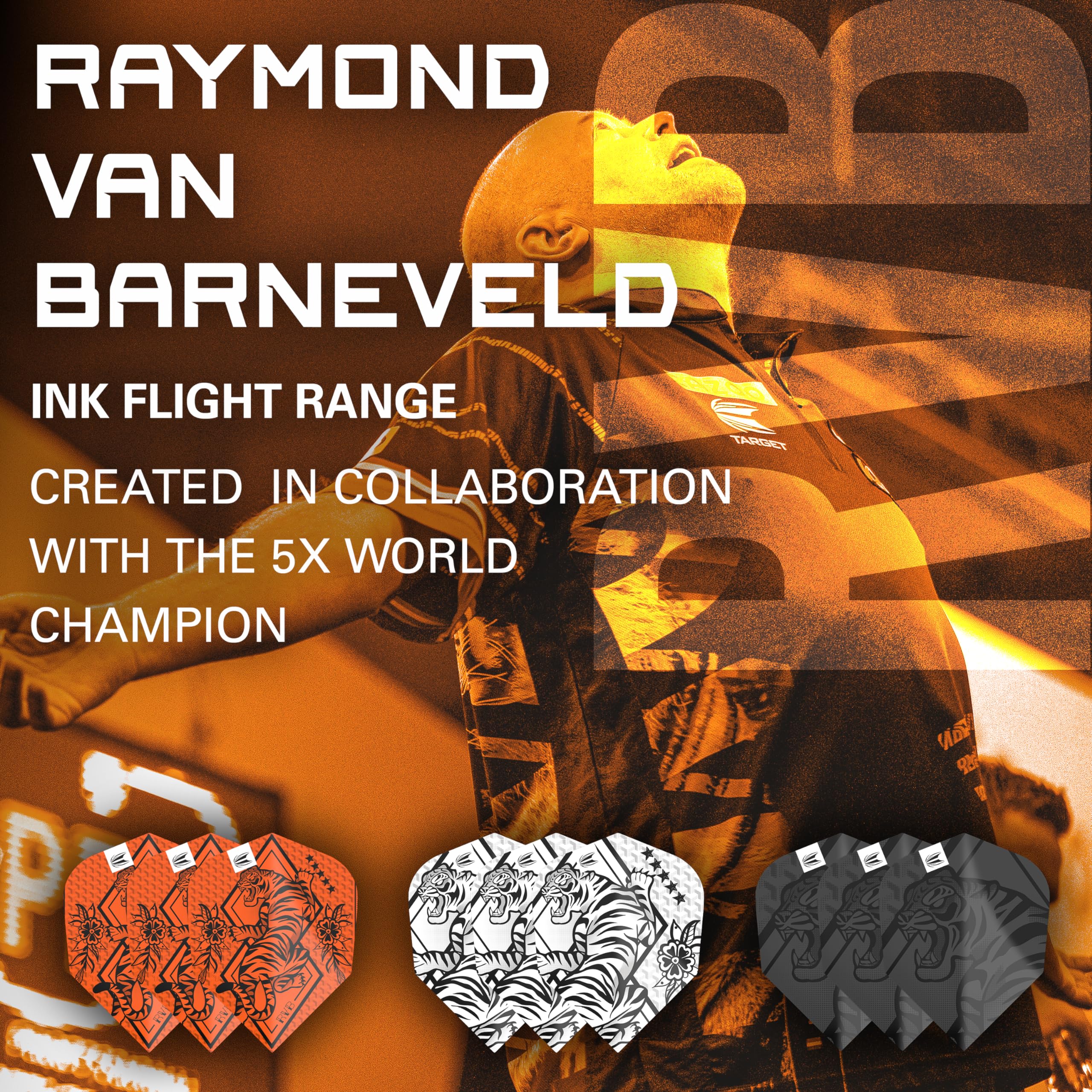 Target Darts Raymond Van Barneveld Ink Design No.6 Dart Flights - 3 Set Pack (9 in total), Orange, White and Black - Image 2