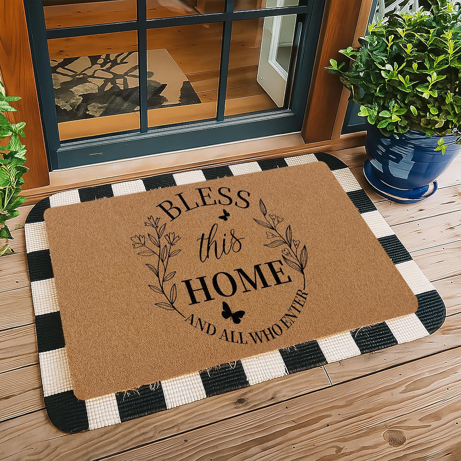 Bless This Home and All Who Enter Doormat, Blessed Door Mat for Indoor Entrance, Christian Welcome Mat for Front Door, Bible Verse Religious Rustic Artificial Coir Outdoor Decor Doormat 30x17in