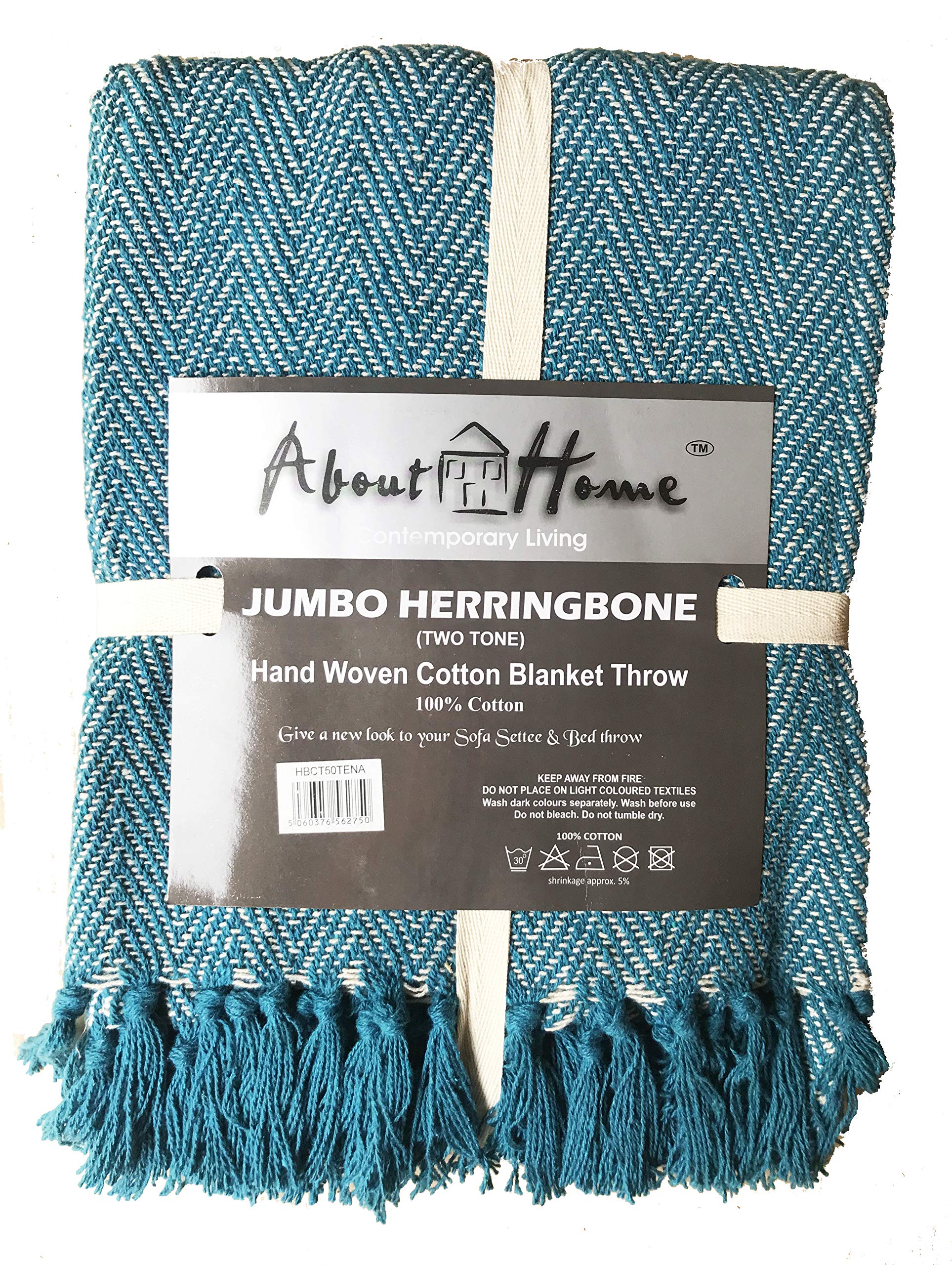 About Home Herringbone Cotton Blanket Throw, Settee Cover (TEAL/Natural, 50"x60")