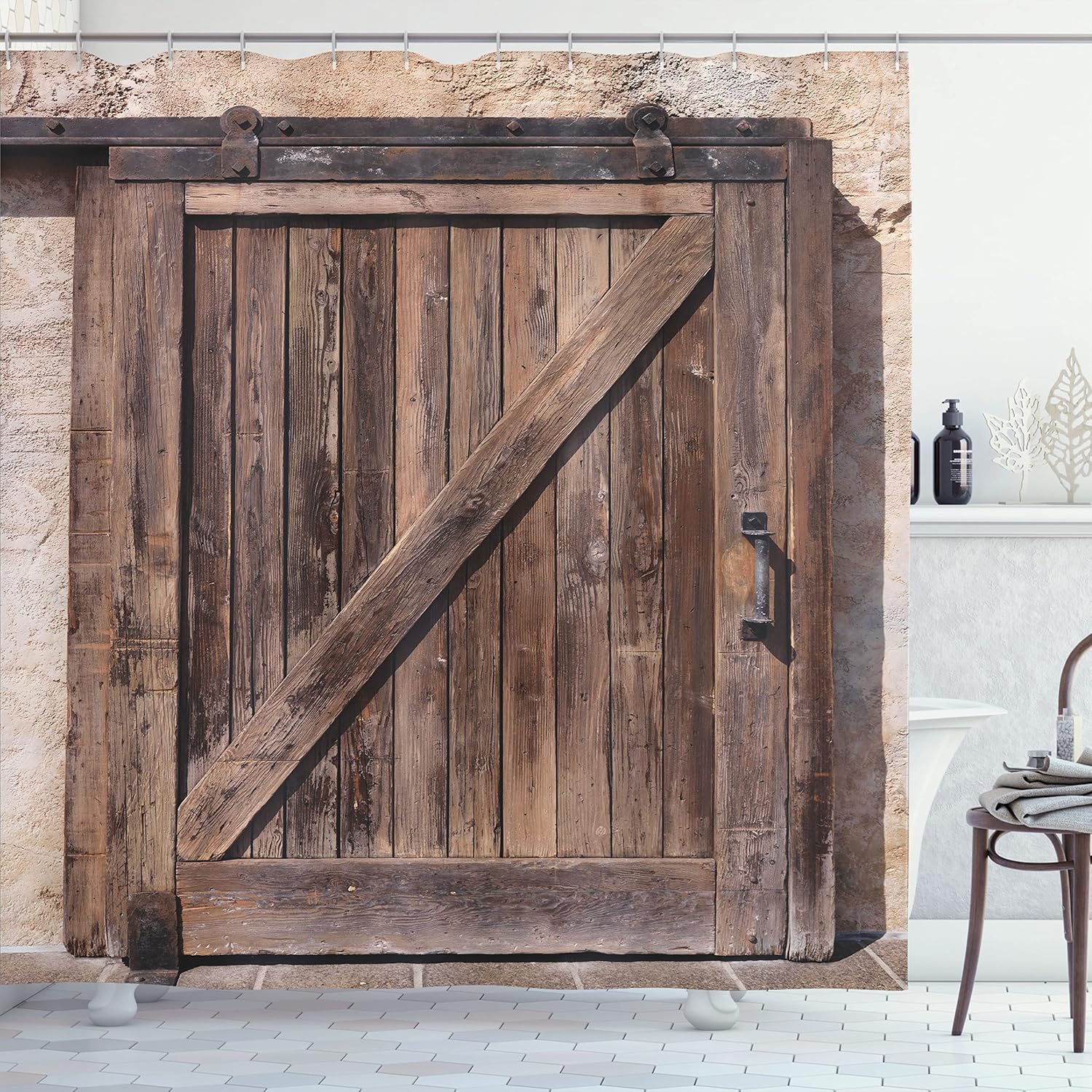 Ambesonne Rustic Shower Curtain, Aged Sliding Door Weathered Texture Vintage Style Architectural Rural Print, Cloth Fabric Bathroom Decor Set with Hooks, 69" W x 70" L, Brown 69" W x 70" L Brown