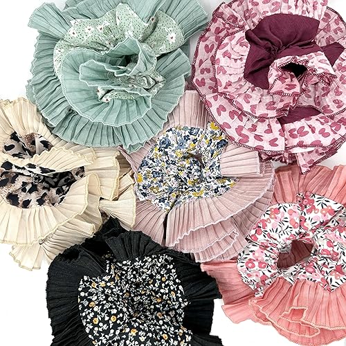 Miniatura 6 de Maxi Scrunchies para mujeres, niñas y niños. Correas de pelo de doble capa con patrones plisados. Edición elástica de cinta multicolor exclusiva