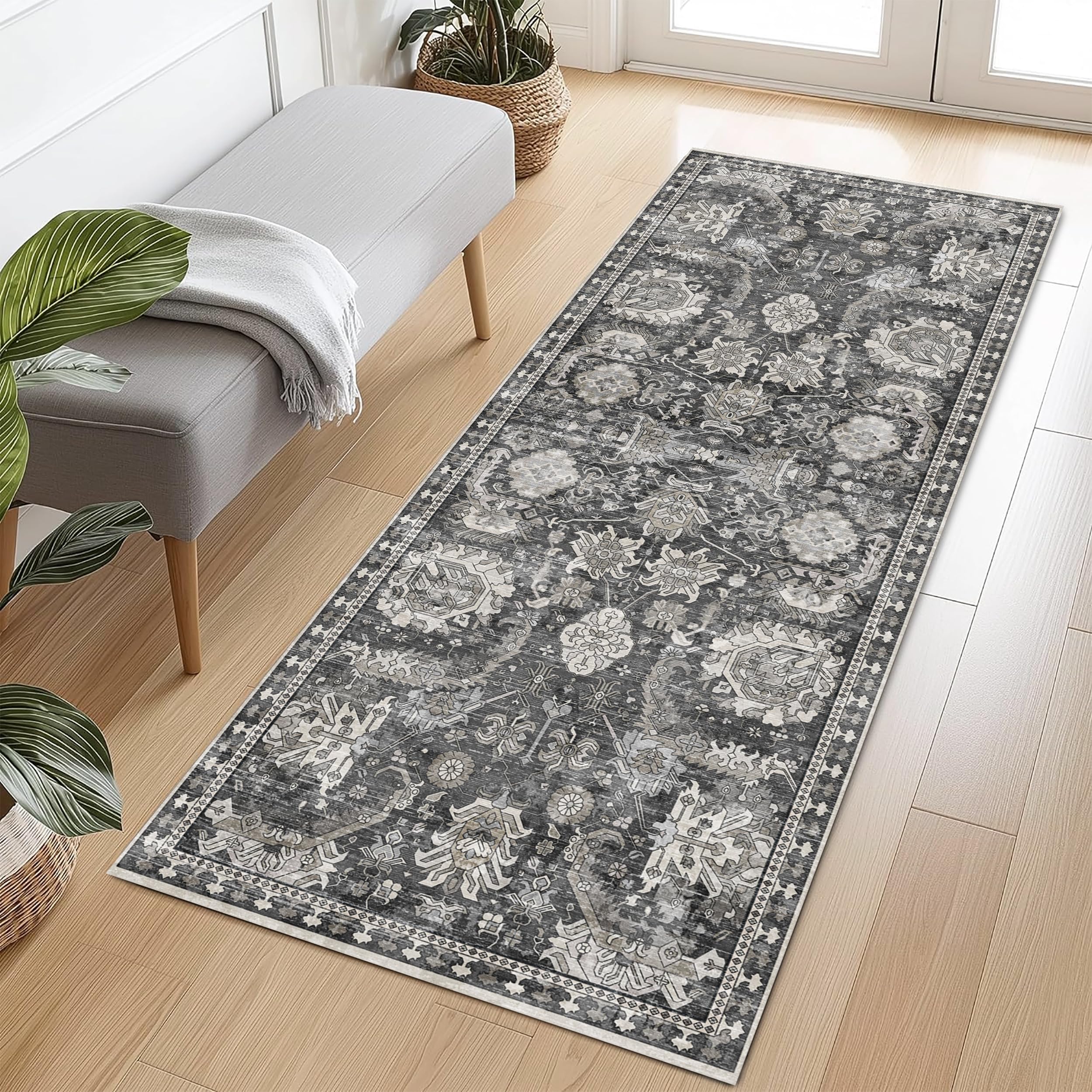 Washable Area Rugs - Perfect for Living Room, Bedroom, Kids Room, Nursery - Stain & Water Resistant Non-Slip, Pet & Child Friendly, Vintage Tribal Area Rugs (Grey, 2'6'' x 8')