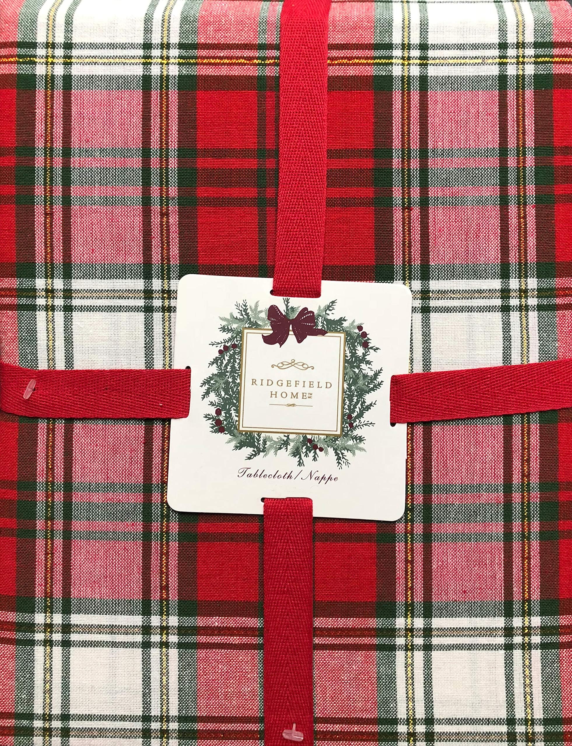Fabric Cotton Christmas Holiday Scottish Plaid Tartan Pattern Tablecloth Shades of Red White Green with Gold Metallic Thread 52 Inches by 70 Inches