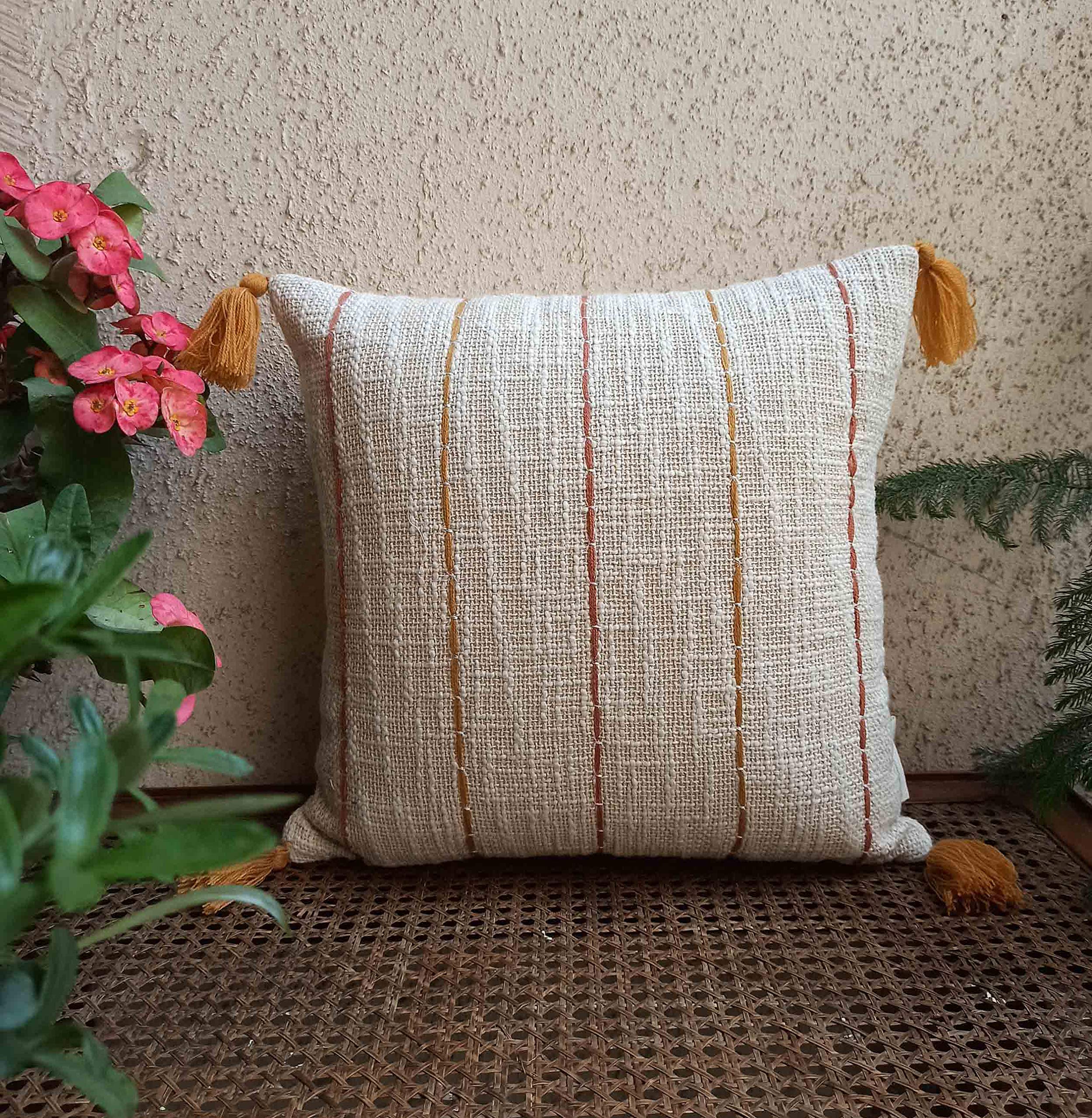 Trending Home Collection Cotton Textured with Manual Stripe Pattern Embroidery Stitched Zippered Tassel Cushion Cover (Ivory/Multi) |16 X 16 Inches | Set of 2|