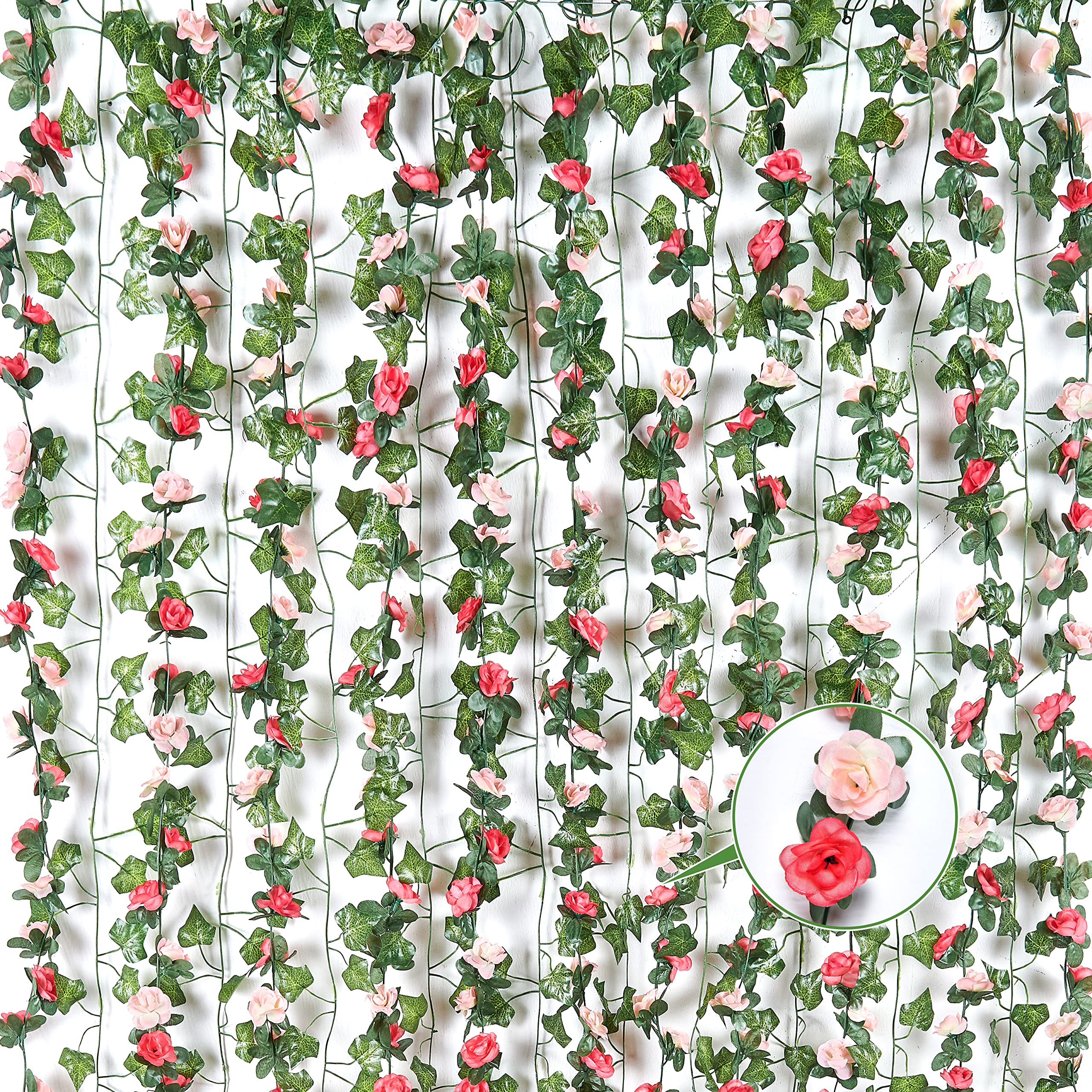 BLEUM CADE 5 Stück 14 m Blumengirlande künstliche Rosenranken mit 5 Stück 10 m künstlichen Efeuranken, hängende künstliche Blumenranken für Hochzeit, Party, Valentinstag, Weihnachten, Wanddekoration,