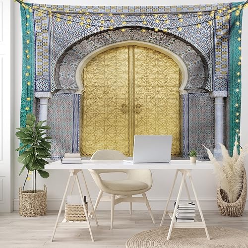 Miniatura 6 de Ambesonne Tapiz marroquí, puertas antiguas, pomo amarillo marroquí, tallado intrincado, para colgar en la pared de dormitorio, sala de estar,
