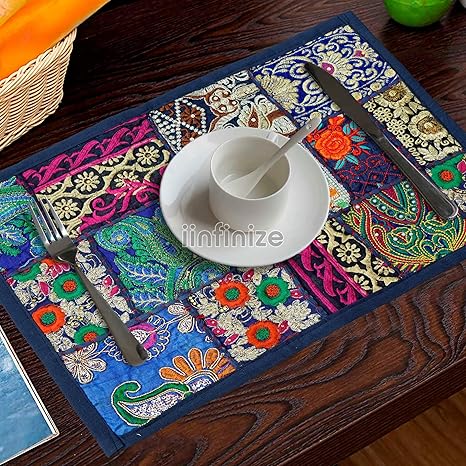iinfinize Patchwork Table Mat Placemat Indian Kambadiya Coffee Blow Mat 6 Pcs Traditional Design Cloth Cotton Table Mat 12x18 Inch Decorative Home Decor Mat Cloth Restaurants Dining Mat (Blue)