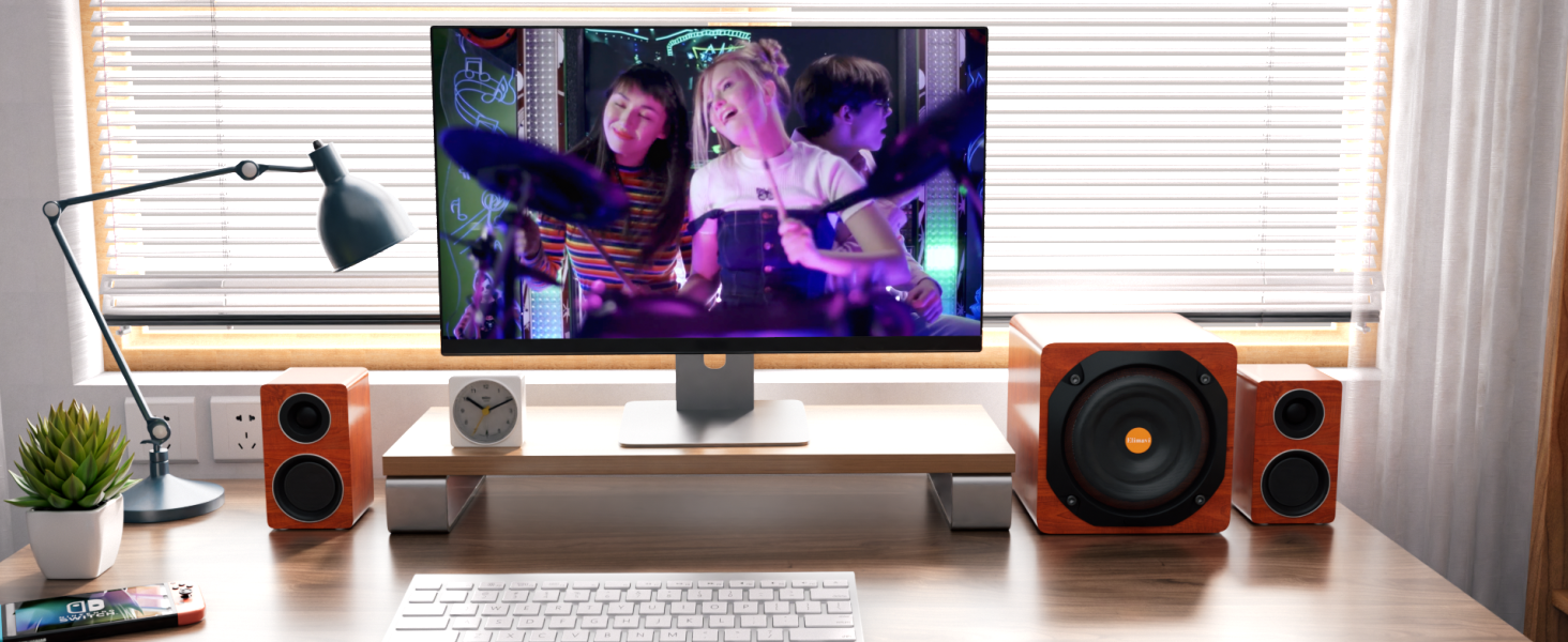 Enceintes PC Gamer Elimavi 2.1 – Puissantes Avec Subwoofer 6.5″, Médium 3″ & Tweeter 1″, 120W, Bluetooth/USB/Optique/RCA, Son Immersif