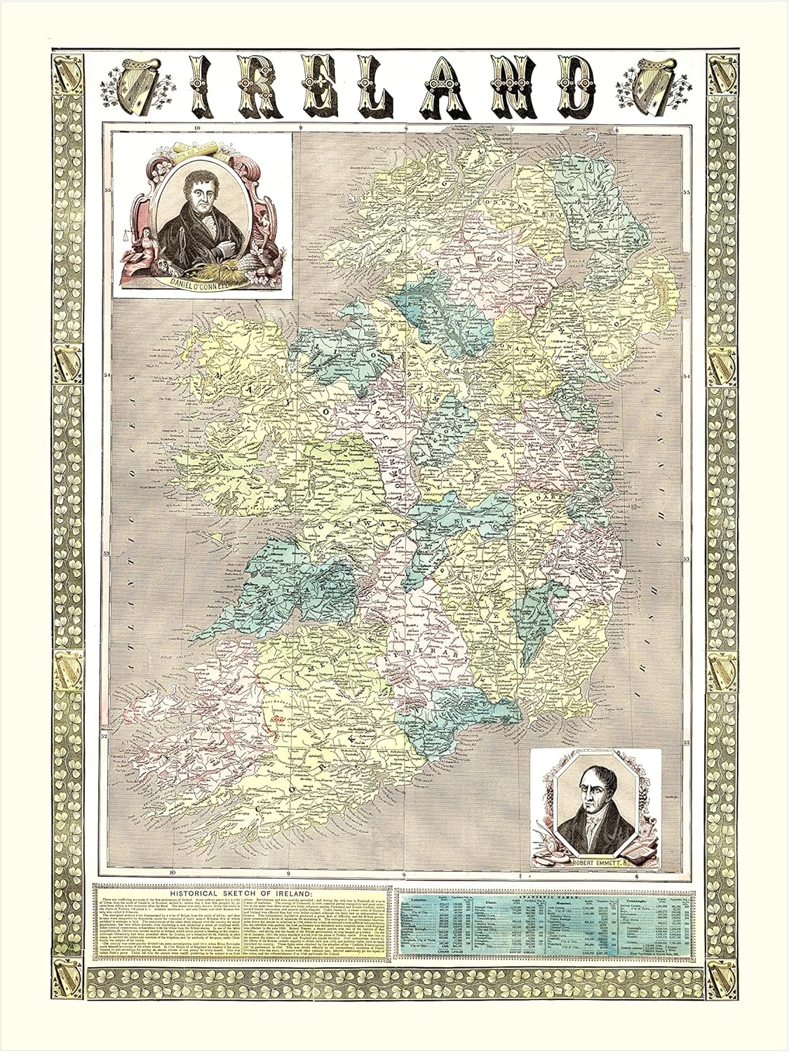 Ireland Map 1855 Museum Quality Vintage Ireland Art Wall Decor Reproduction Old