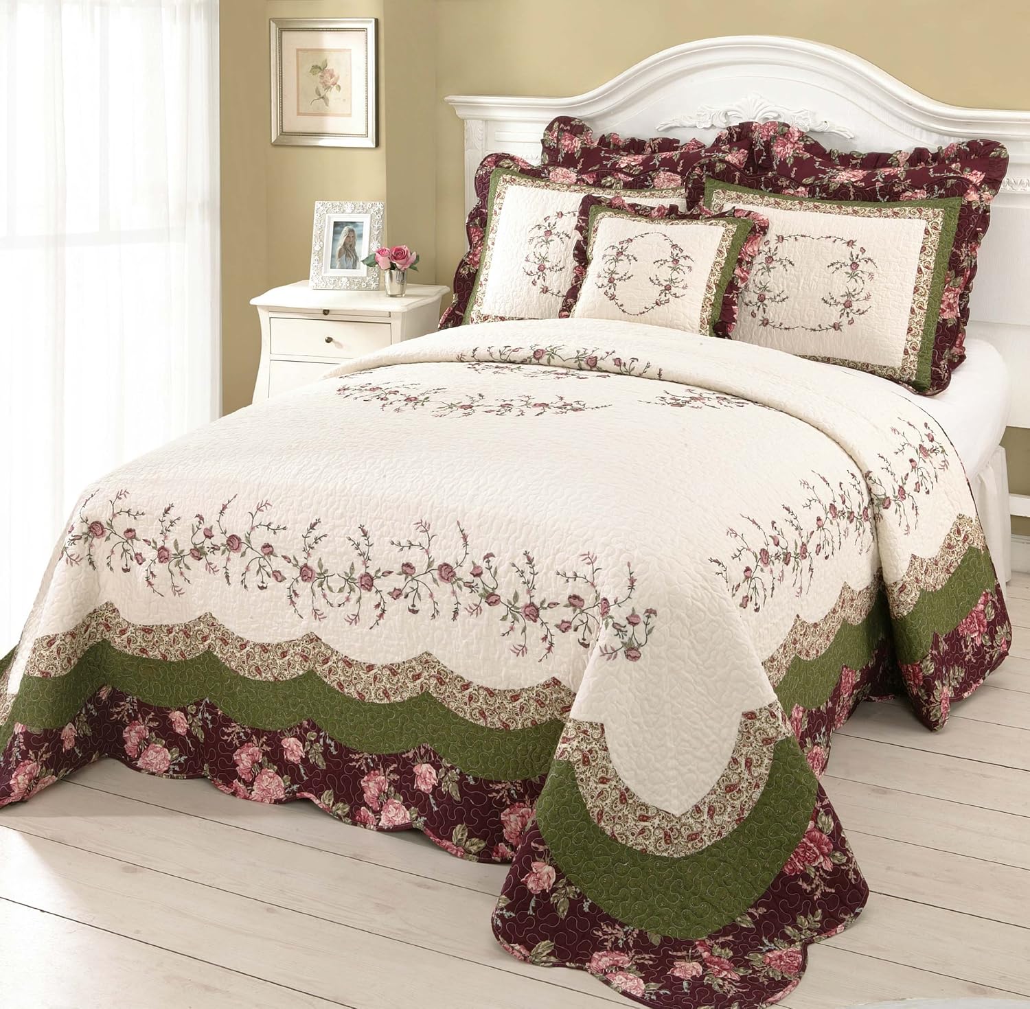 Modern Heirloom Brooke Embroidered Floral Quilted Bedspread, Lightweight Breathable All Seasons Bedding, King Size, Cream/Burgundy/Green