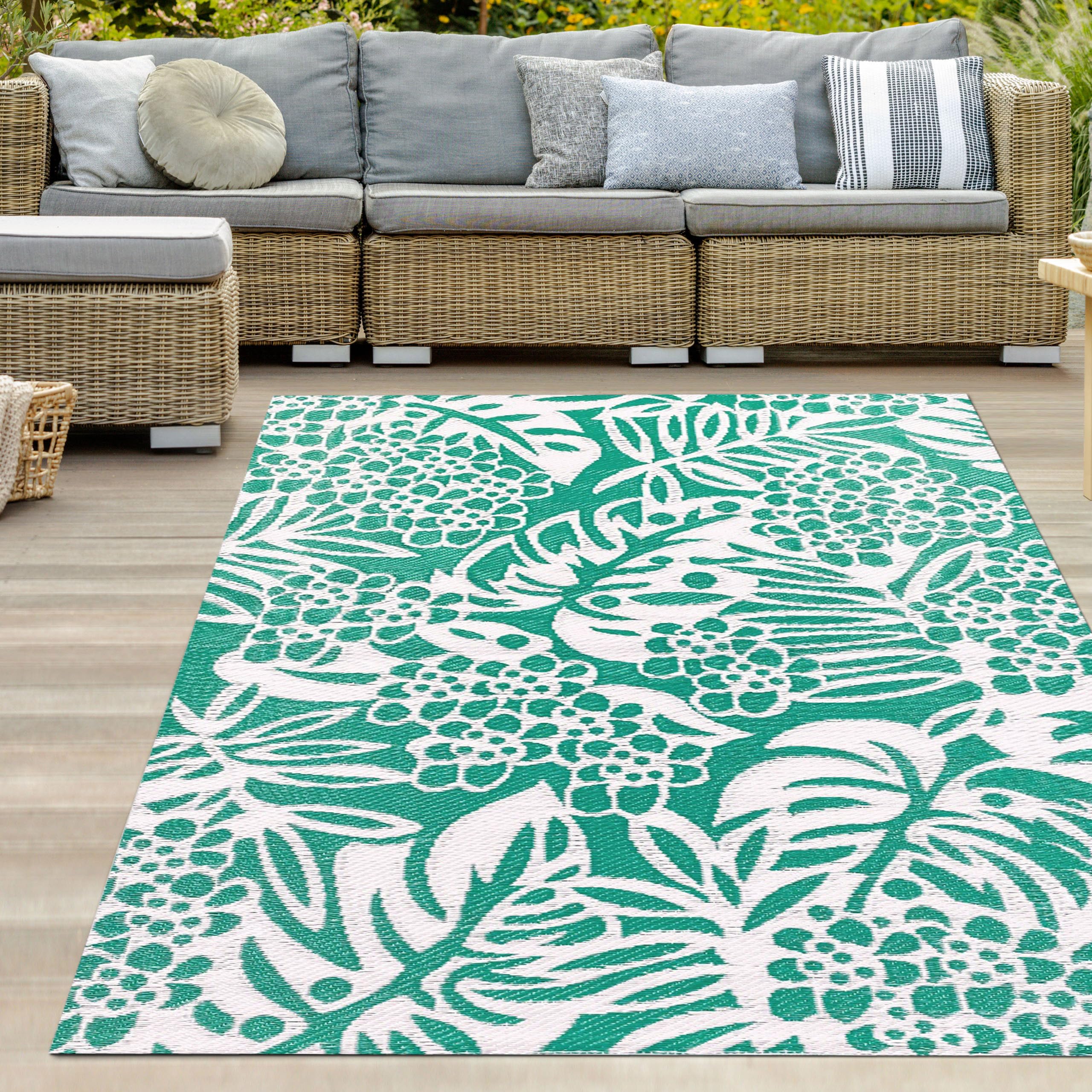 Teppich-Traum Alfombra para toldo de plástico Grande XXL Resistente a la Intemperie Impermeable Camping Caravana diseño Hoja Petrol 240 x 340 cm
