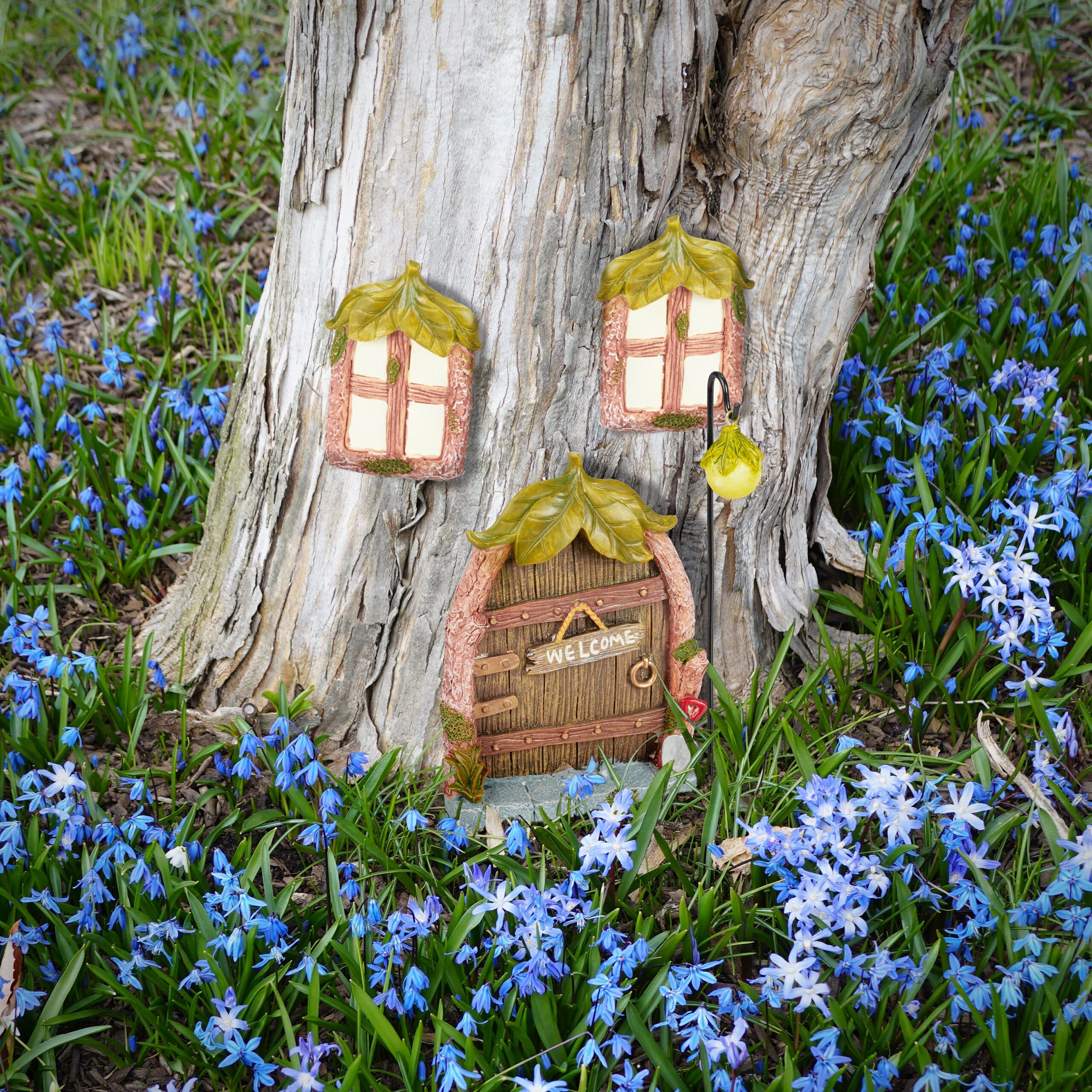 Relaxdays Decoración Árbol Puerta Hadas, Set de 4 Piezas, 2 Ventanas, 1 Farol, Resistente a la Intemperie, Multicolor