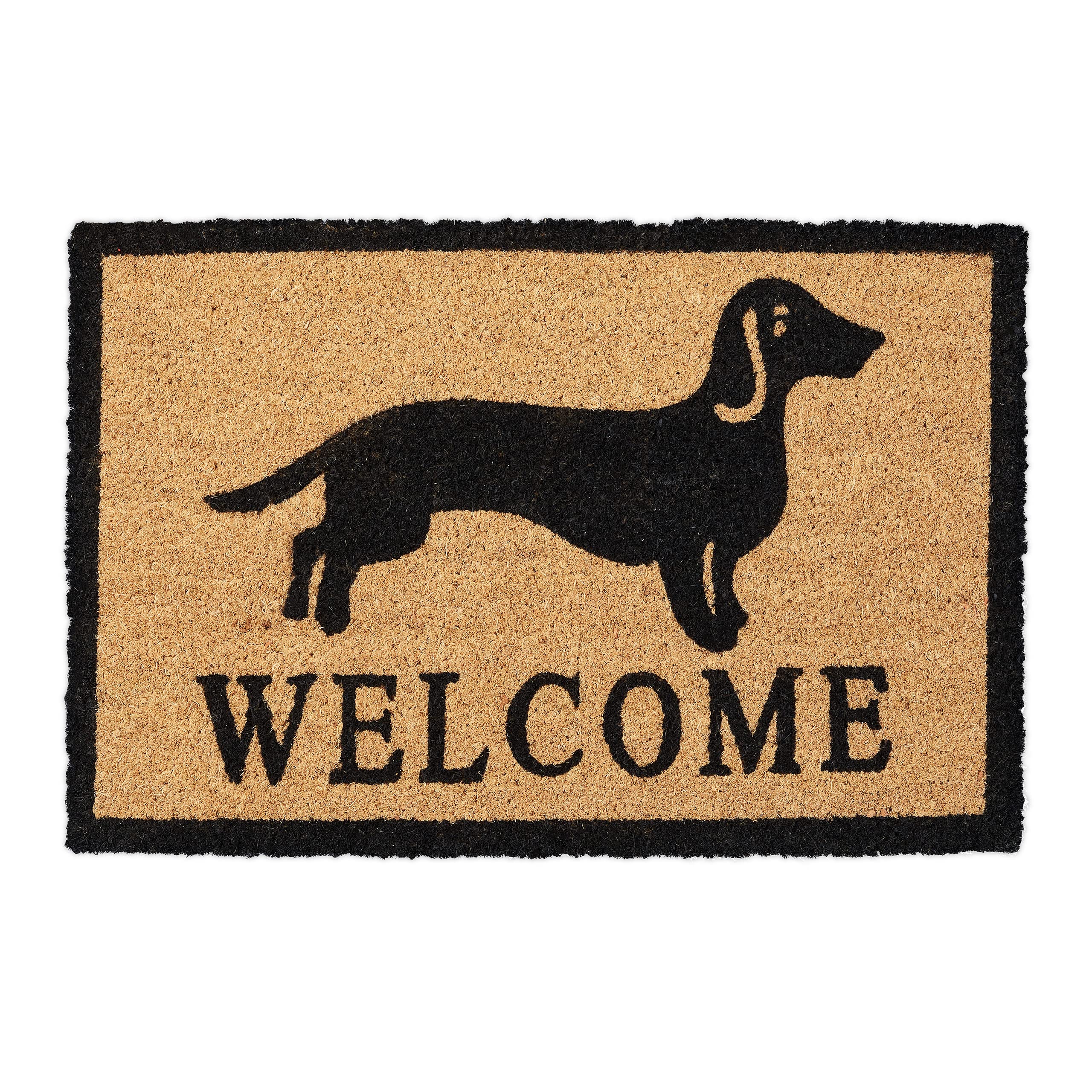 Relaxdays Felpudo Coco, Perro Salchicha, 60x40 cm, Base Goma, Alfombrilla Puerta Resistente, Negro y Natural
