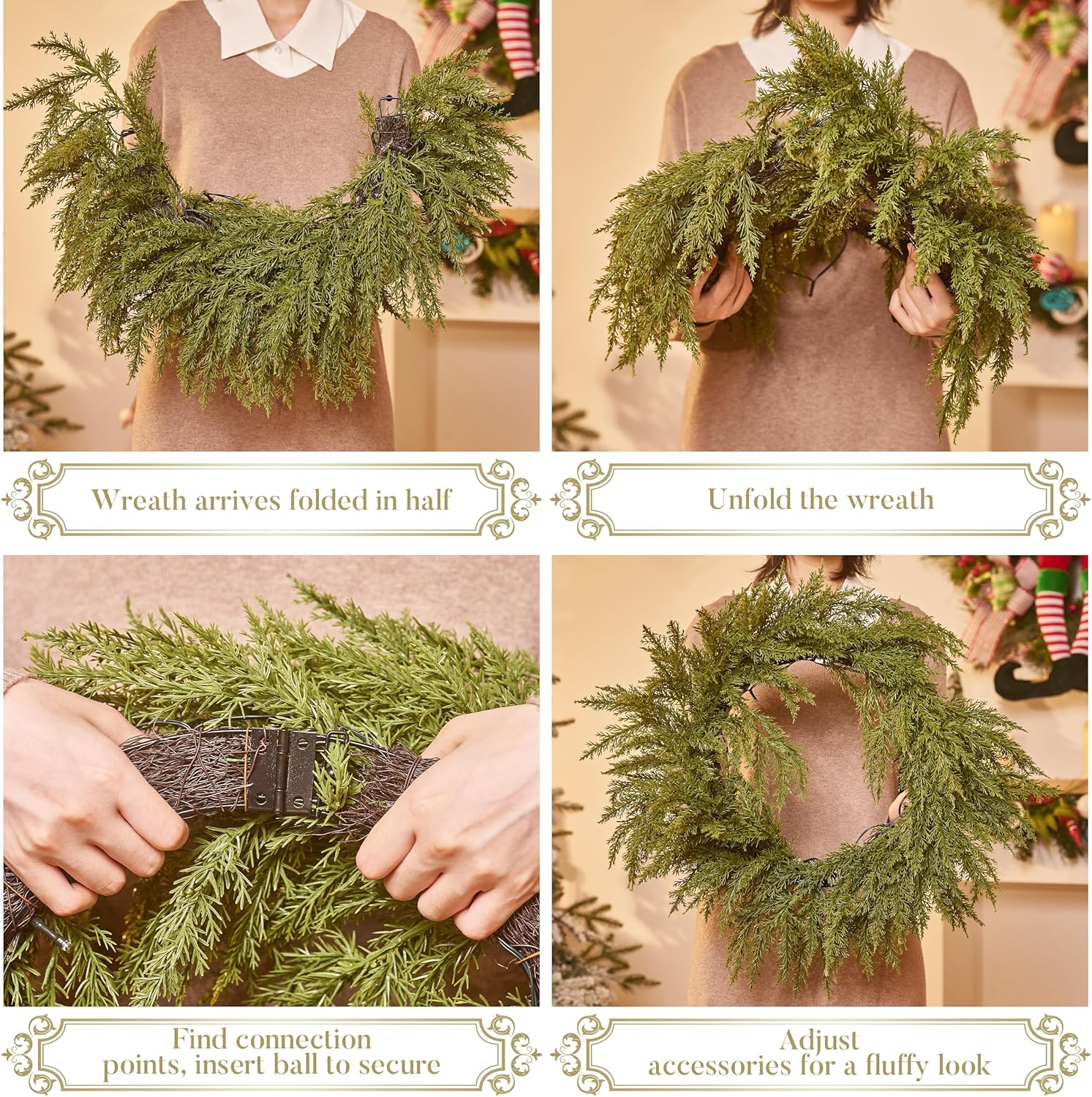 Valery Madelyn 24'' Real Tough Christmas Wreath for front door, Artificial Green Fall Cedar Norfolk Pine Wreath with Light, Greenery Realistic Wreath for Fireplace Table Centerpiece Holiday Home Decor