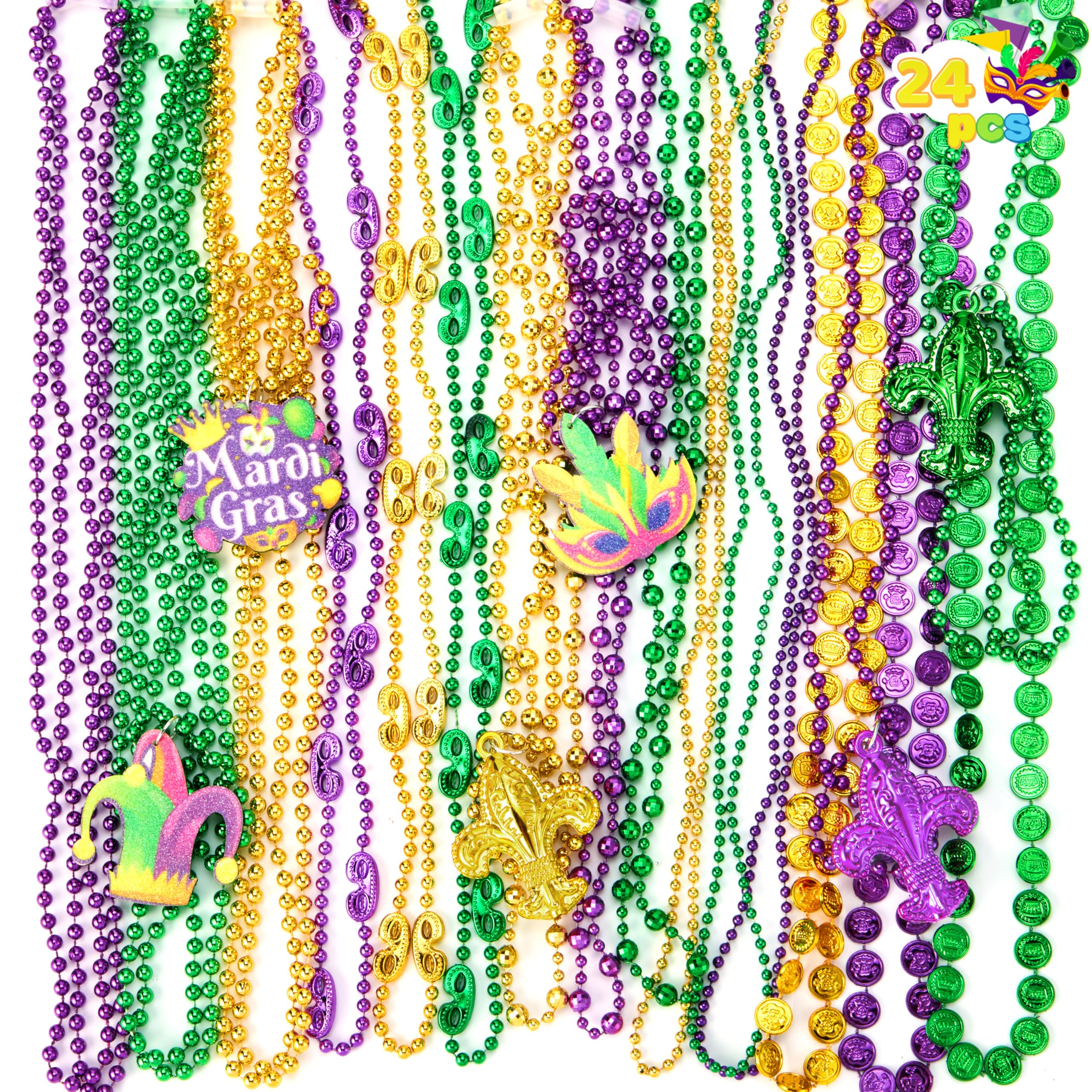 JOYIN 24 Pcs Mardi Gras Bead Necklaces with Pendant, Assorted Colorful Bead Necklace Bulk for Mardi Gras Party Outfit Accessories, Gold Green Purple Necklaces for women&men Costumes Accessory Favors