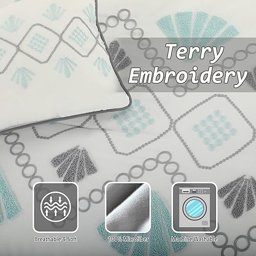 Miniatura 2 de Grand Avenue Juego de edredón azul en forma de abanico tamaño King, 7 piezas, juegos y colecciones de ropa de cama geométrica con bordado de rizo,